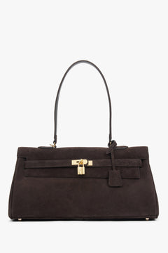Frontale Ansicht der dunkelbraunen Damen-Schultertasche aus Velours mit goldenem Schloss-Detail