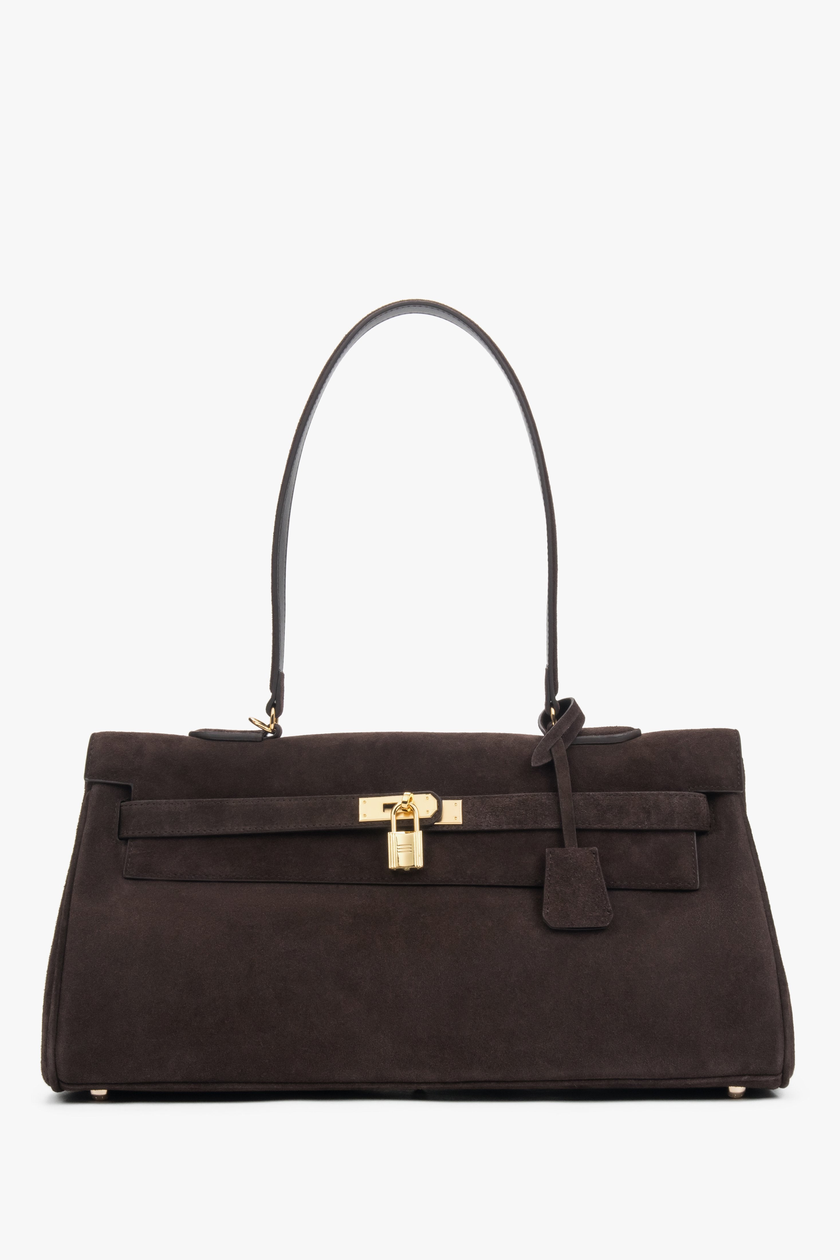 Frontale Ansicht der dunkelbraunen Damen-Schultertasche aus Velours mit goldenem Schloss-Detail
