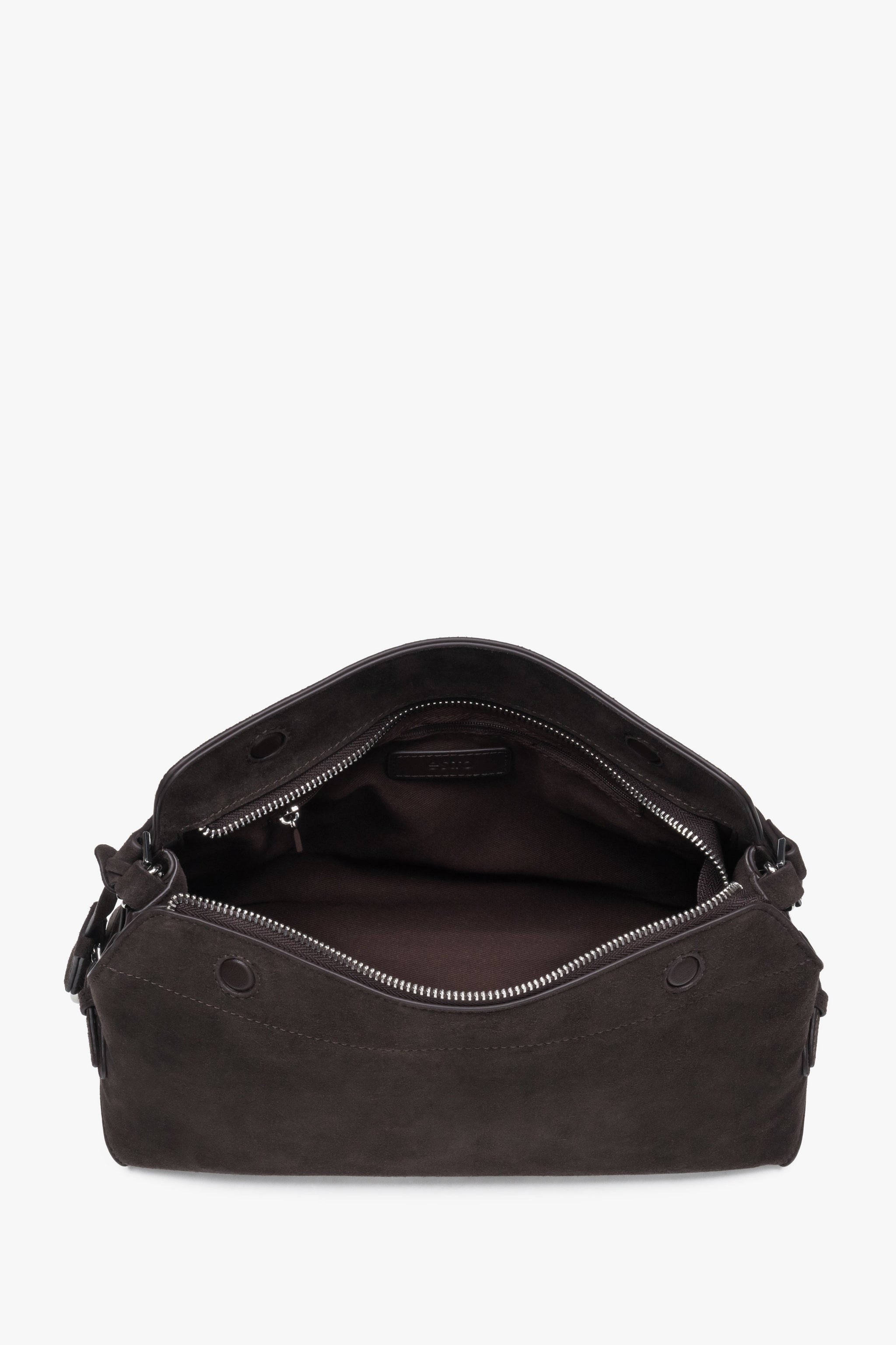 Dunkelbraune Damen-Schultertasche aus Velours von oben mit Reißverschluss