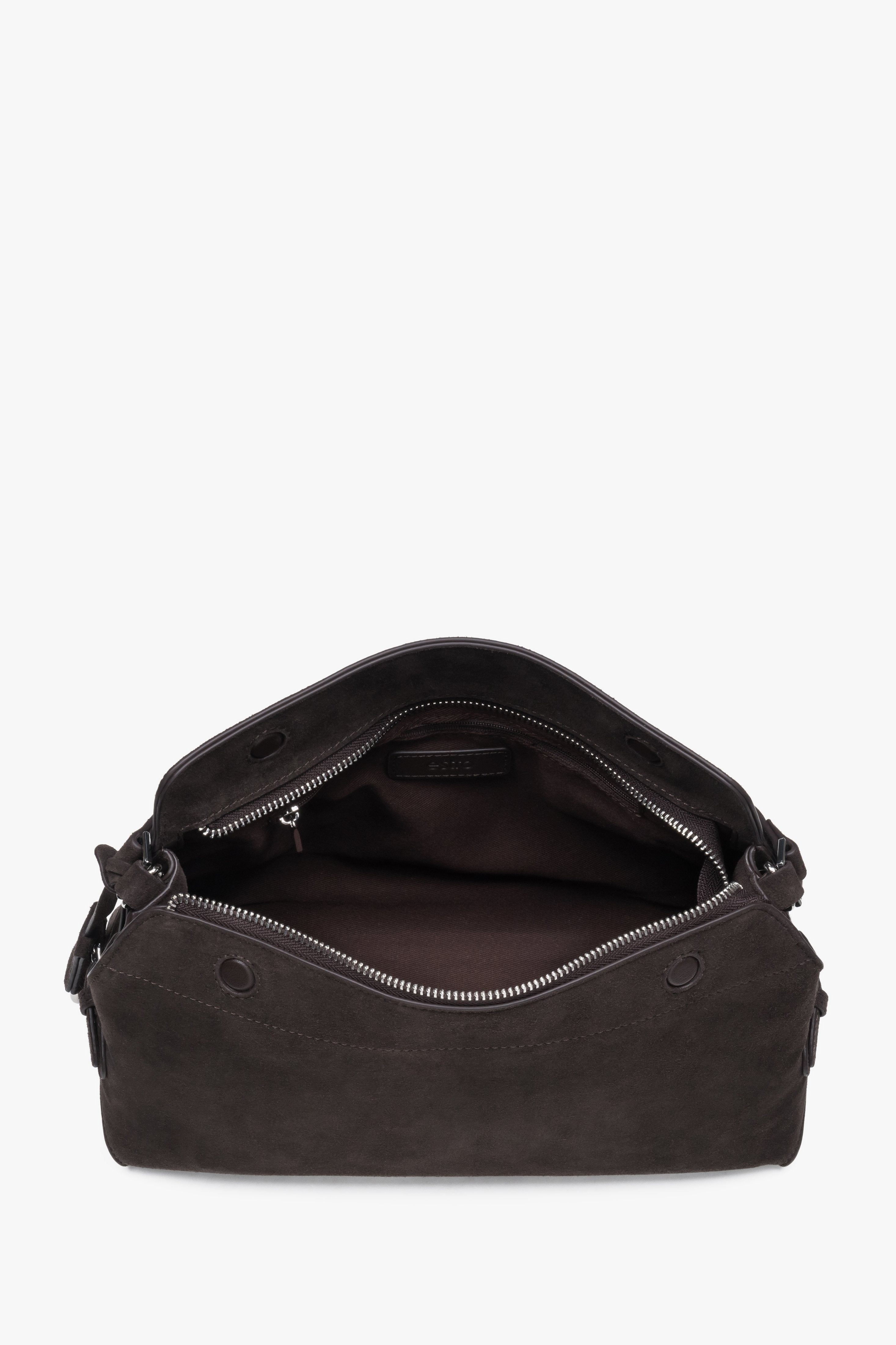 Dunkelbraune Damen-Schultertasche aus Velours von oben mit Reißverschluss