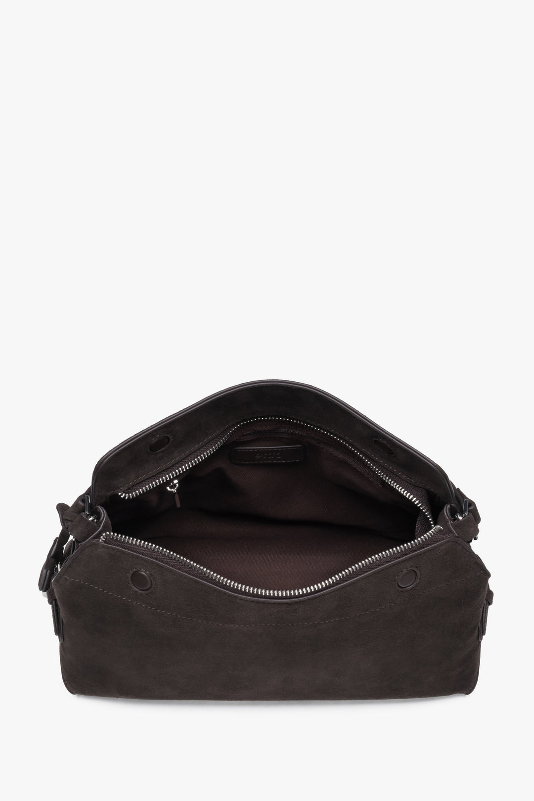 Dunkelbraune Damen-Schultertasche aus Velours von oben mit Reißverschluss