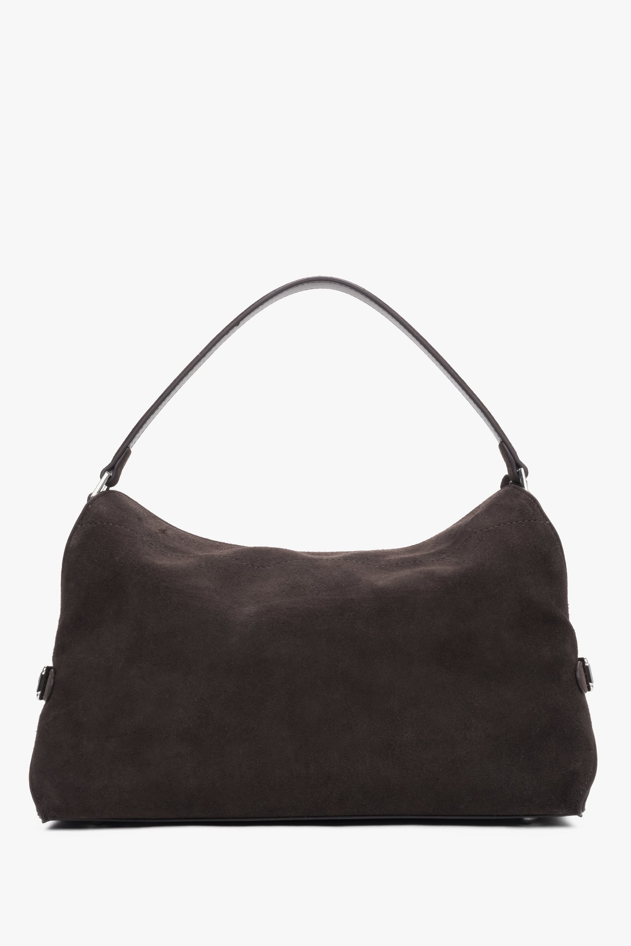 Dunkelbraune Damen-Schultertasche aus Velours in Frontansicht mit Schulterriemen