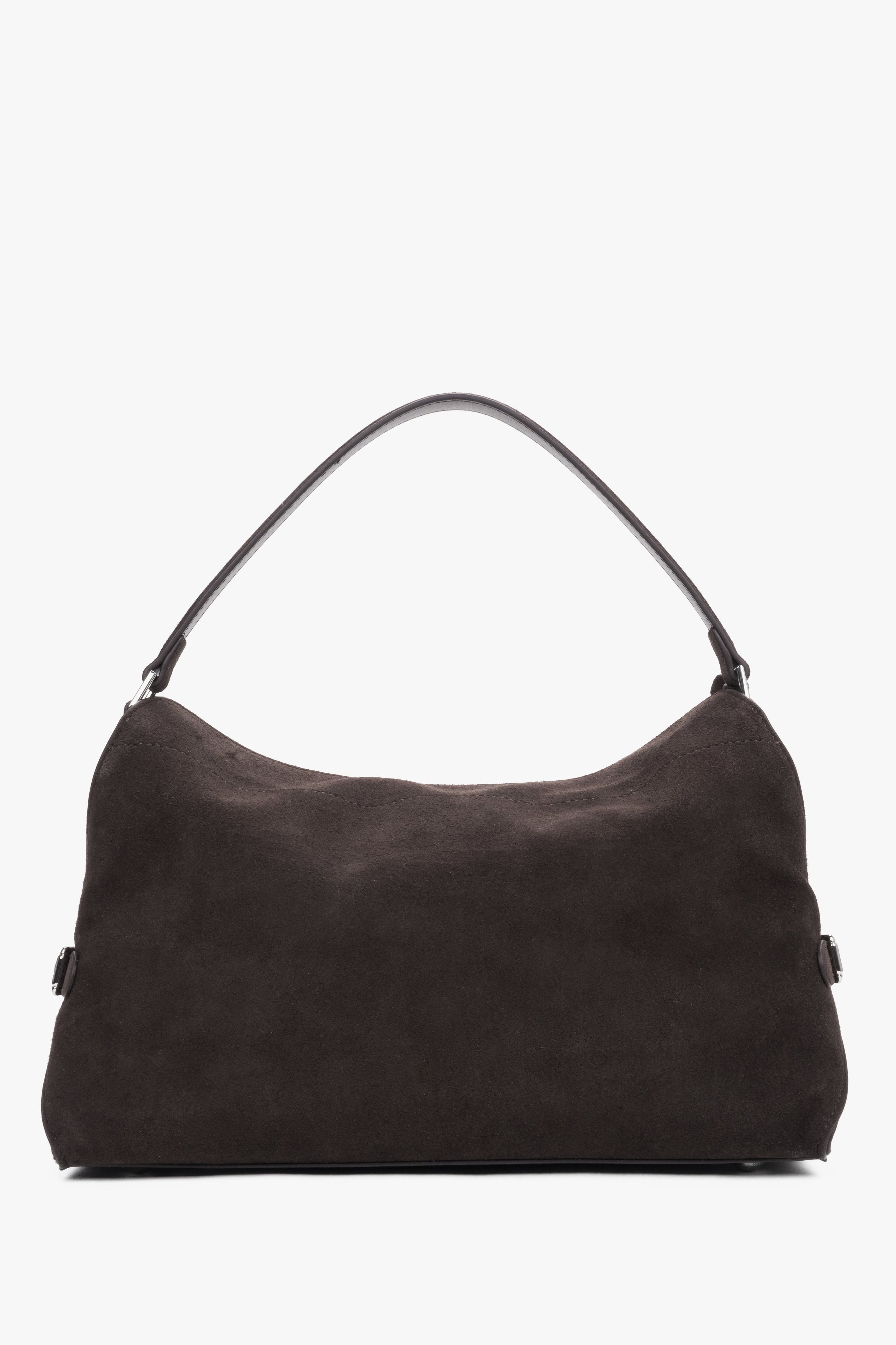 Dunkelbraune Damen-Schultertasche aus Velours in Frontansicht mit Schulterriemen