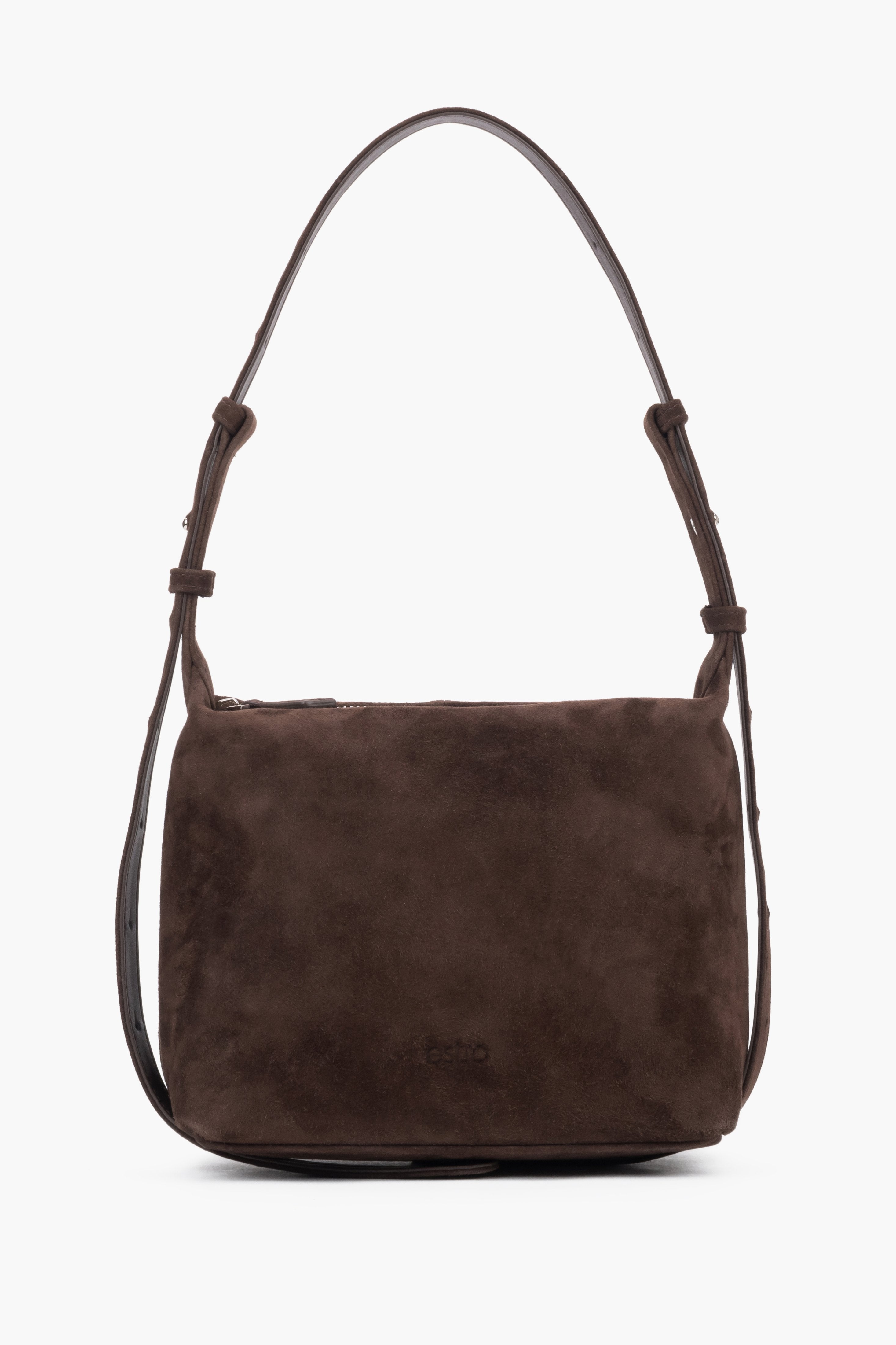 Dunkelbraune Damen-Schultertasche aus Veloursleder in Vorderansicht
