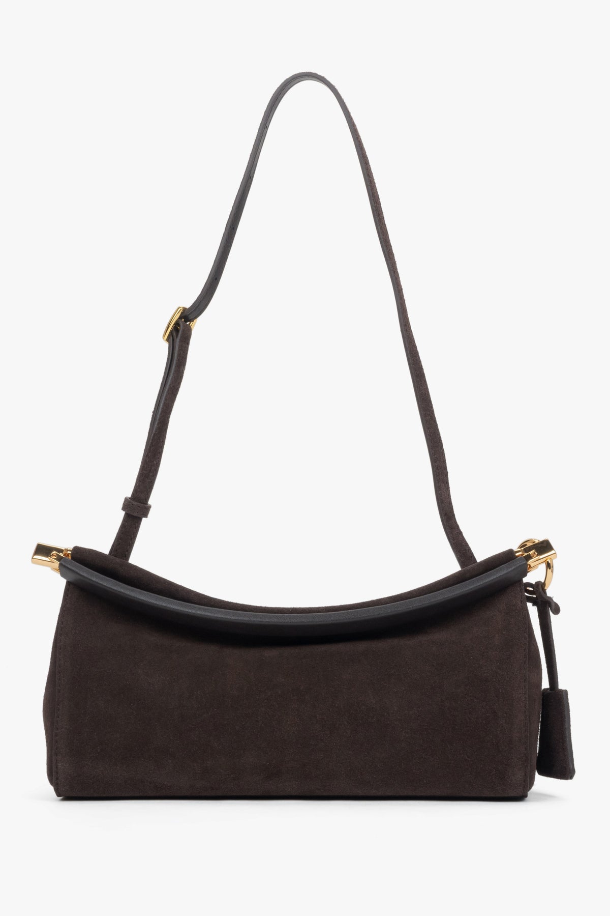 Frontansicht der dunkelbraunen Damen Schultertasche aus Naturvelours mit goldenen Beschlägen.