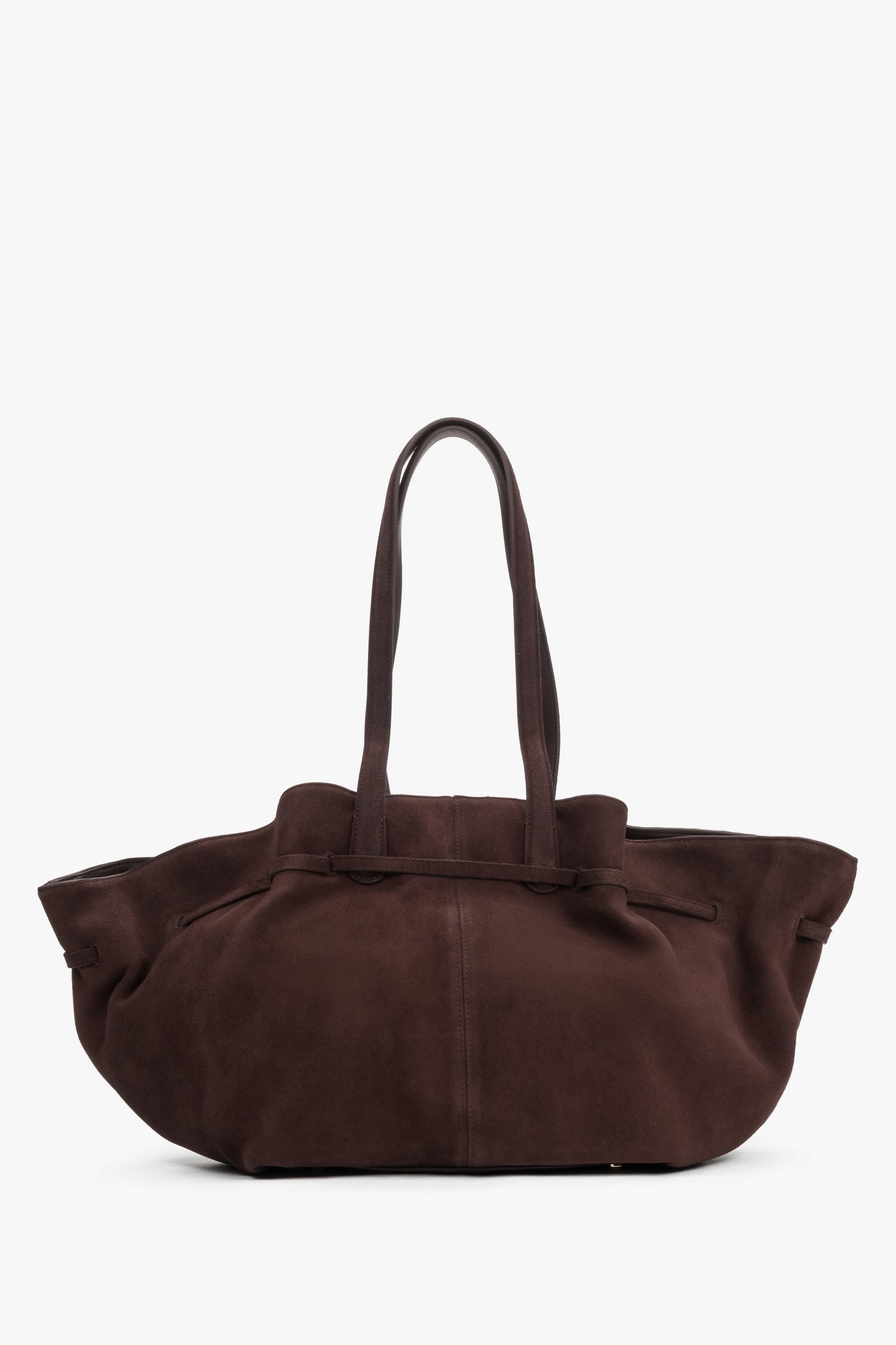 Rückansicht der eleganten Schultertasche mit langen Henkeln in Dunkelbraun.