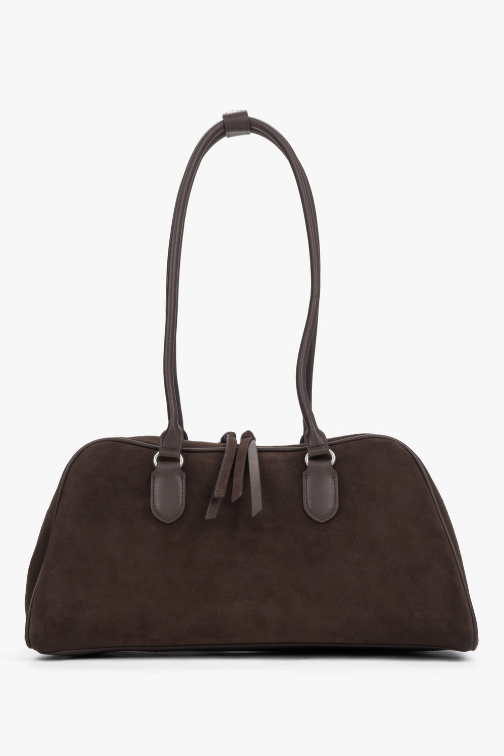 Frontalansicht der länglichen dunkelbraunen Damen-Handtasche aus Veloursleder mit langen Tragehenkeln