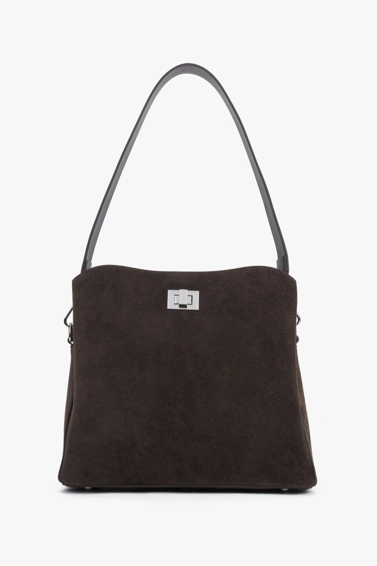 Frontalansicht der dunkelbraunen Damen-Schultertasche aus echtem Veloursleder von Estro mit silbernem Drehverschluss