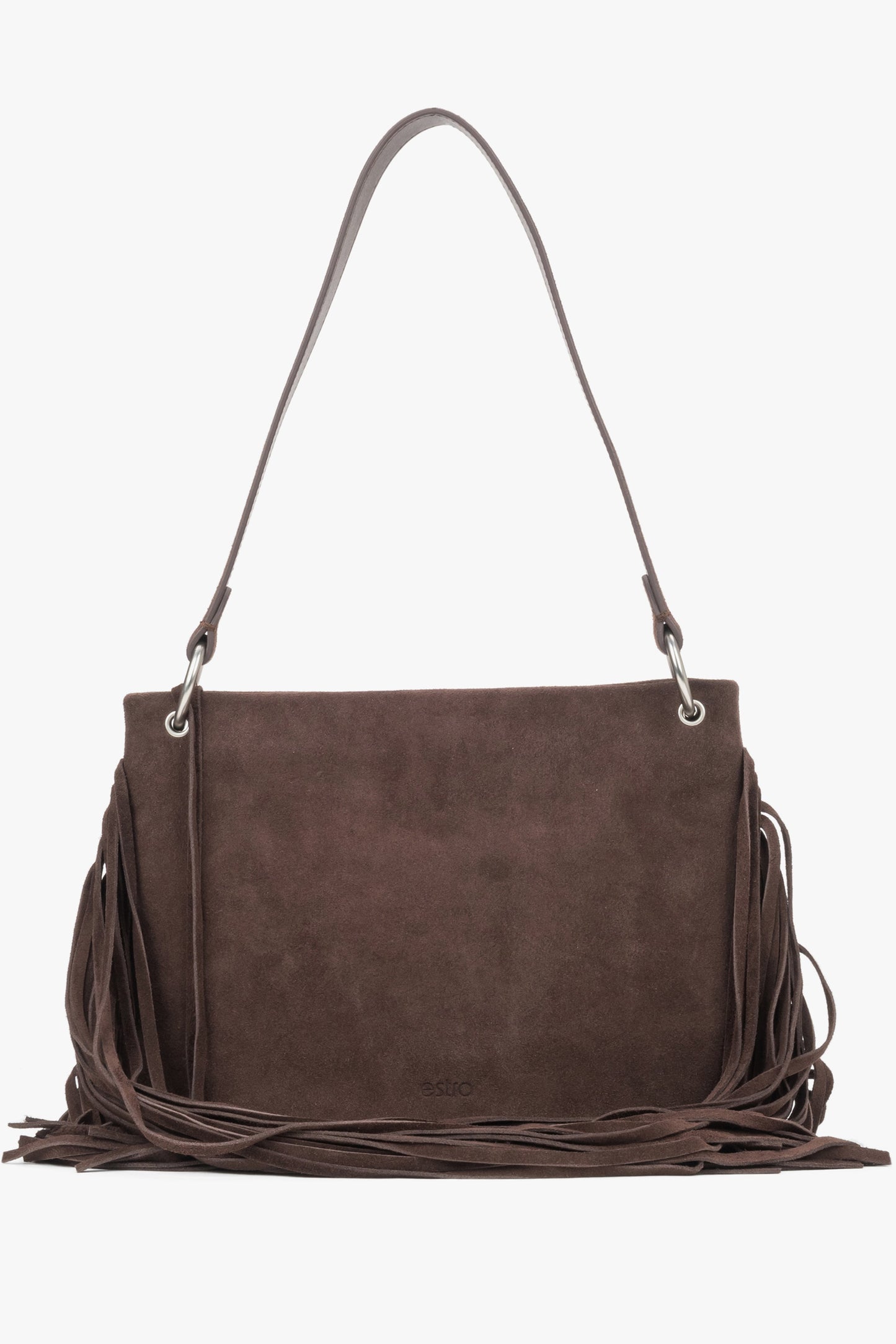 Dunkelbraune Damen-Schultertasche aus Veloursleder mit langen Fransen Vorderansicht