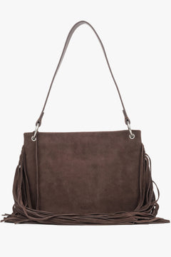 Dunkelbraune Damen-Schultertasche aus Veloursleder mit langen Fransen Vorderansicht