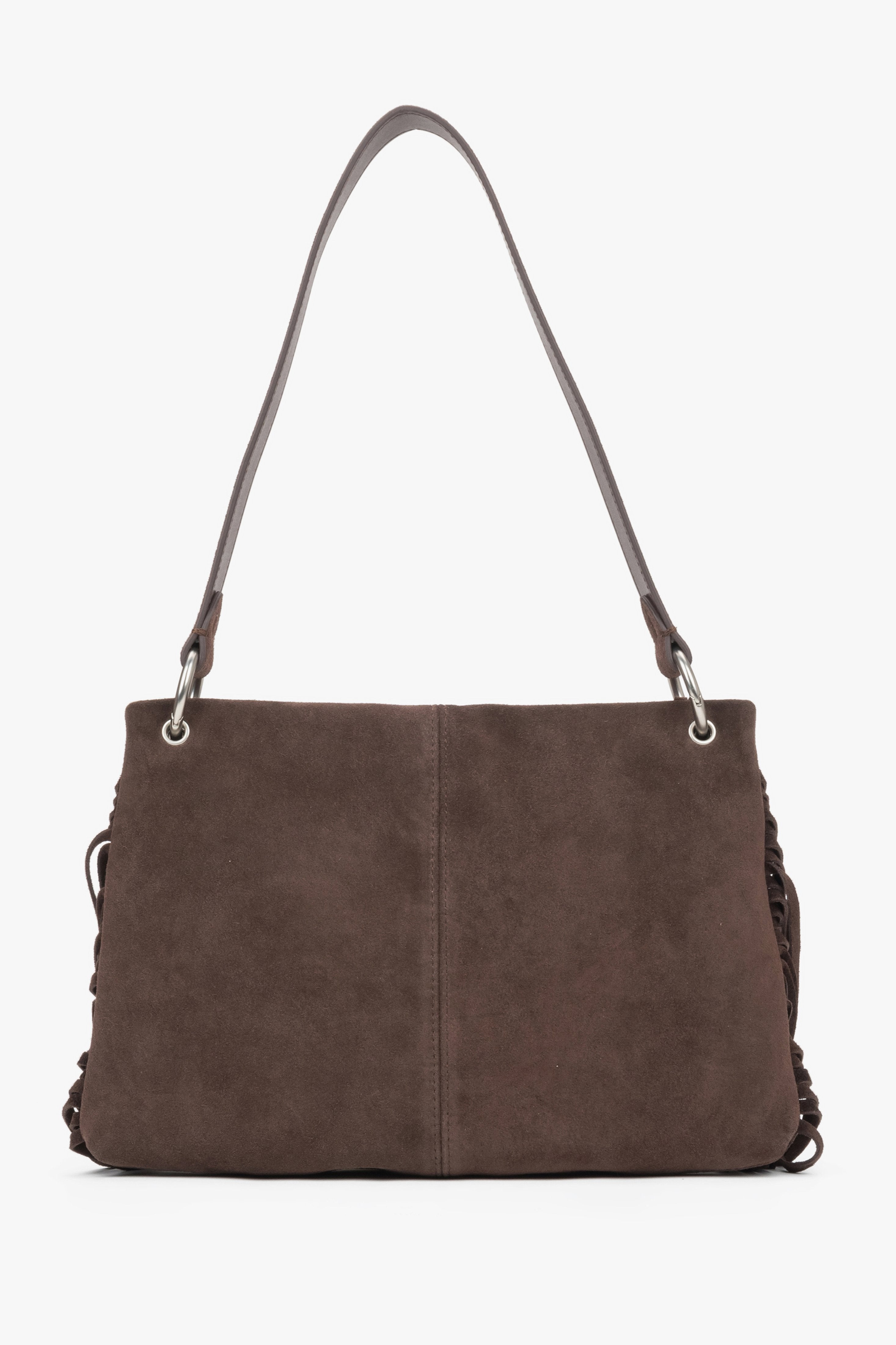 Rückansicht der dunkelbraunen Damen-Schultertasche mit Fransen