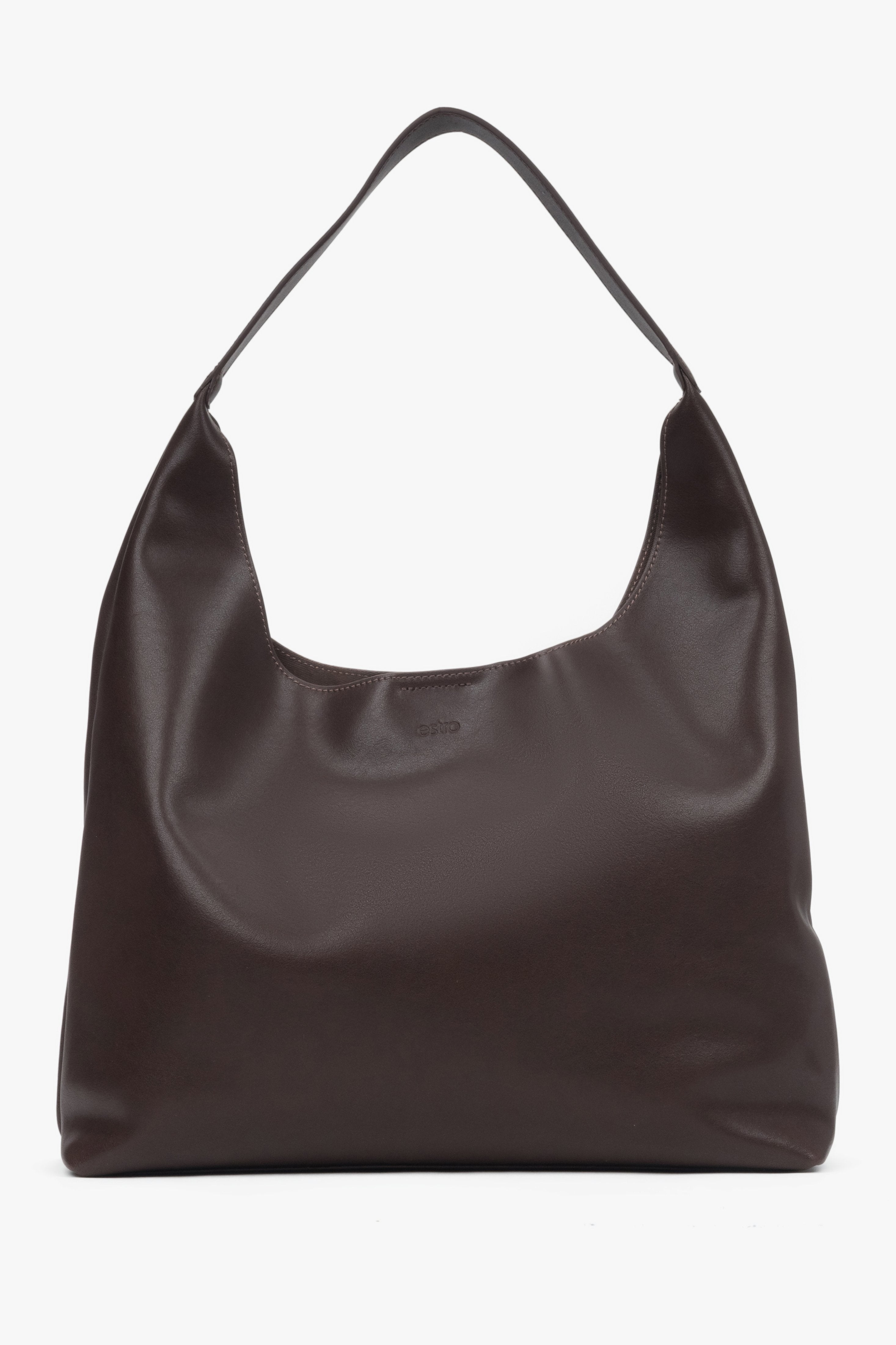 Frontale Ansicht der geräumigen dunkelbraunen Shopper-Tasche aus Echtleder mit breitem Trageriemen 