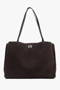 Dunkelbraune Damen-Shopper-Tasche aus natürlichem Veloursleder in Frontalansicht