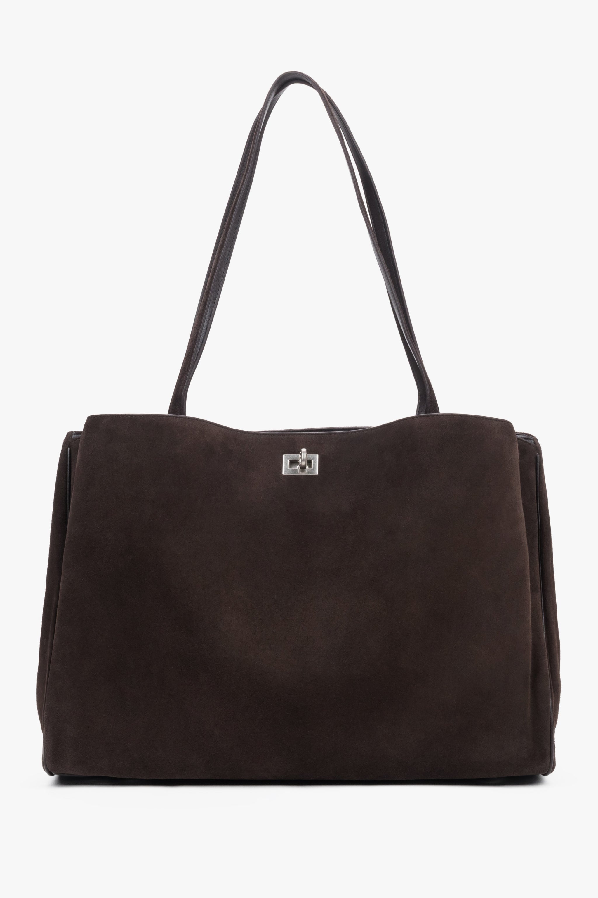Dunkelbraune Damen-Shopper-Tasche aus natürlichem Veloursleder in Frontalansicht