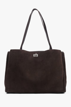 Dunkelbraune Damen-Shopper-Tasche aus natürlichem Veloursleder in Frontalansicht