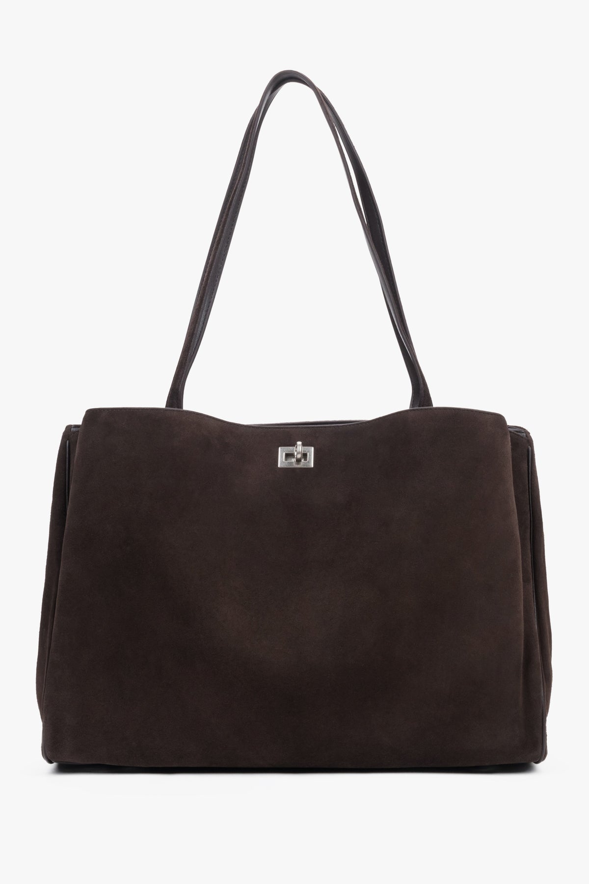 Dunkelbraune Damen-Shopper-Tasche aus natürlichem Veloursleder in Frontalansicht