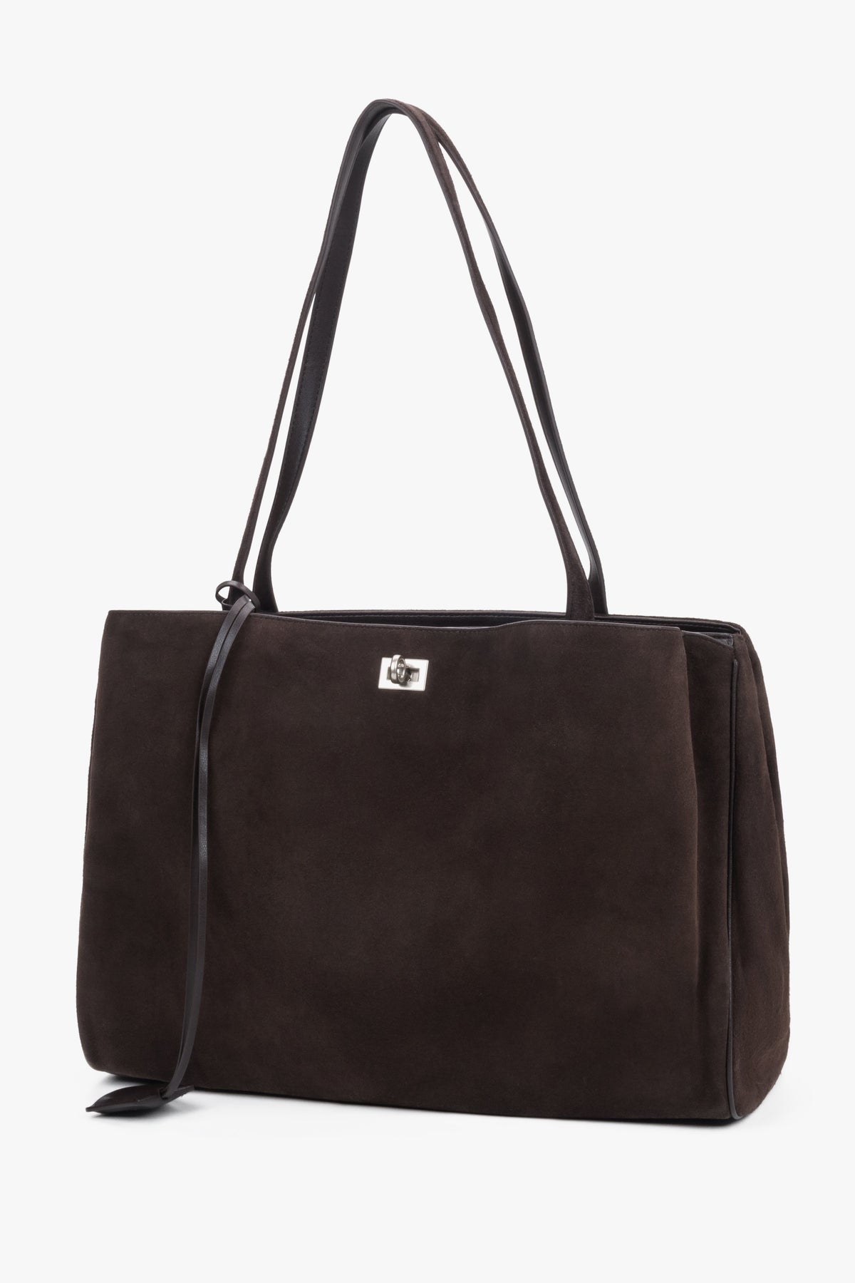 Dunkelbraune Damen-Shopper-Tasche aus Veloursleder in schräger Vorderansicht