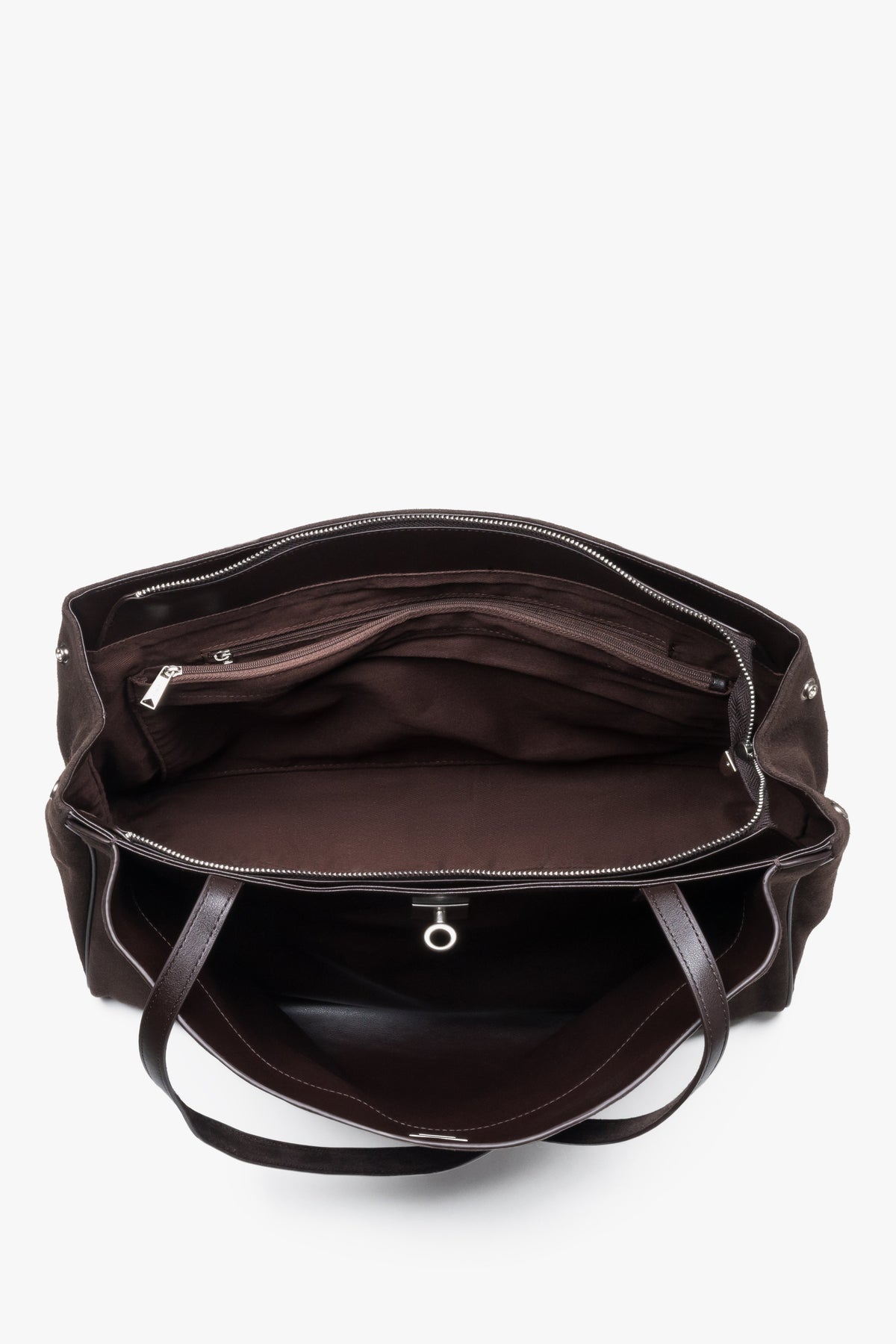 Dunkelbraune Damen-Shopper-Tasche aus Veloursleder mit geöffnetem Innenraum