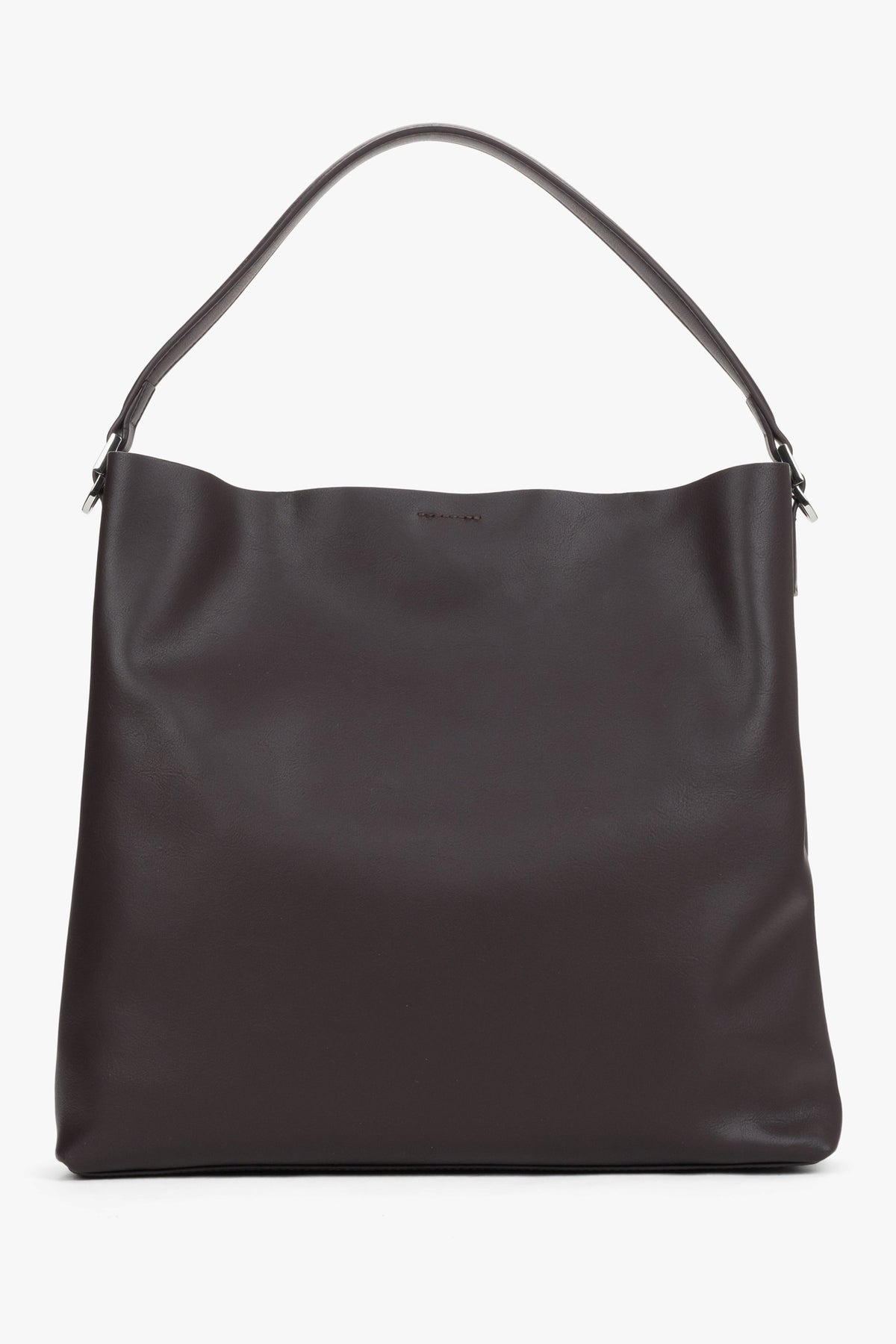 Frontale Ansicht der minimalistischen dunkelbraunen Leder-Shopper im A4-Format