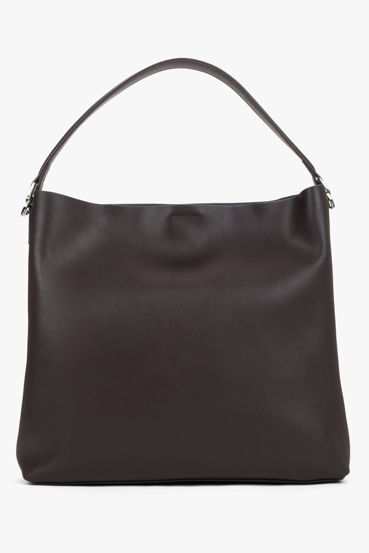 Rückansicht der formstabilen dunkelbraunen Hobo-Shopper-Tasche aus Echtleder