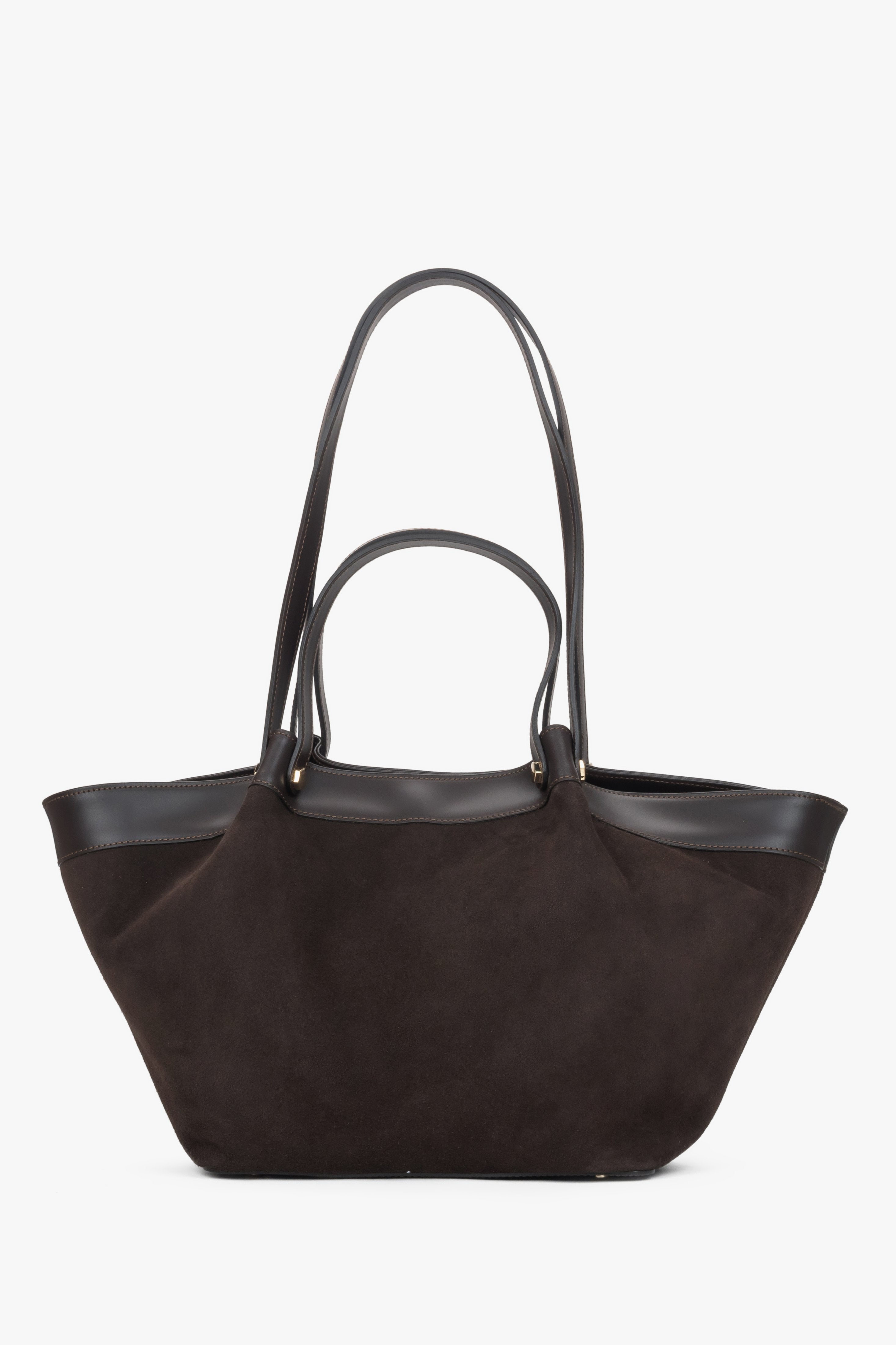Frontansicht der geräumigen dunkelbraunen Velours-Shopper-Tasche mit dem praktischen doppelten Henkel