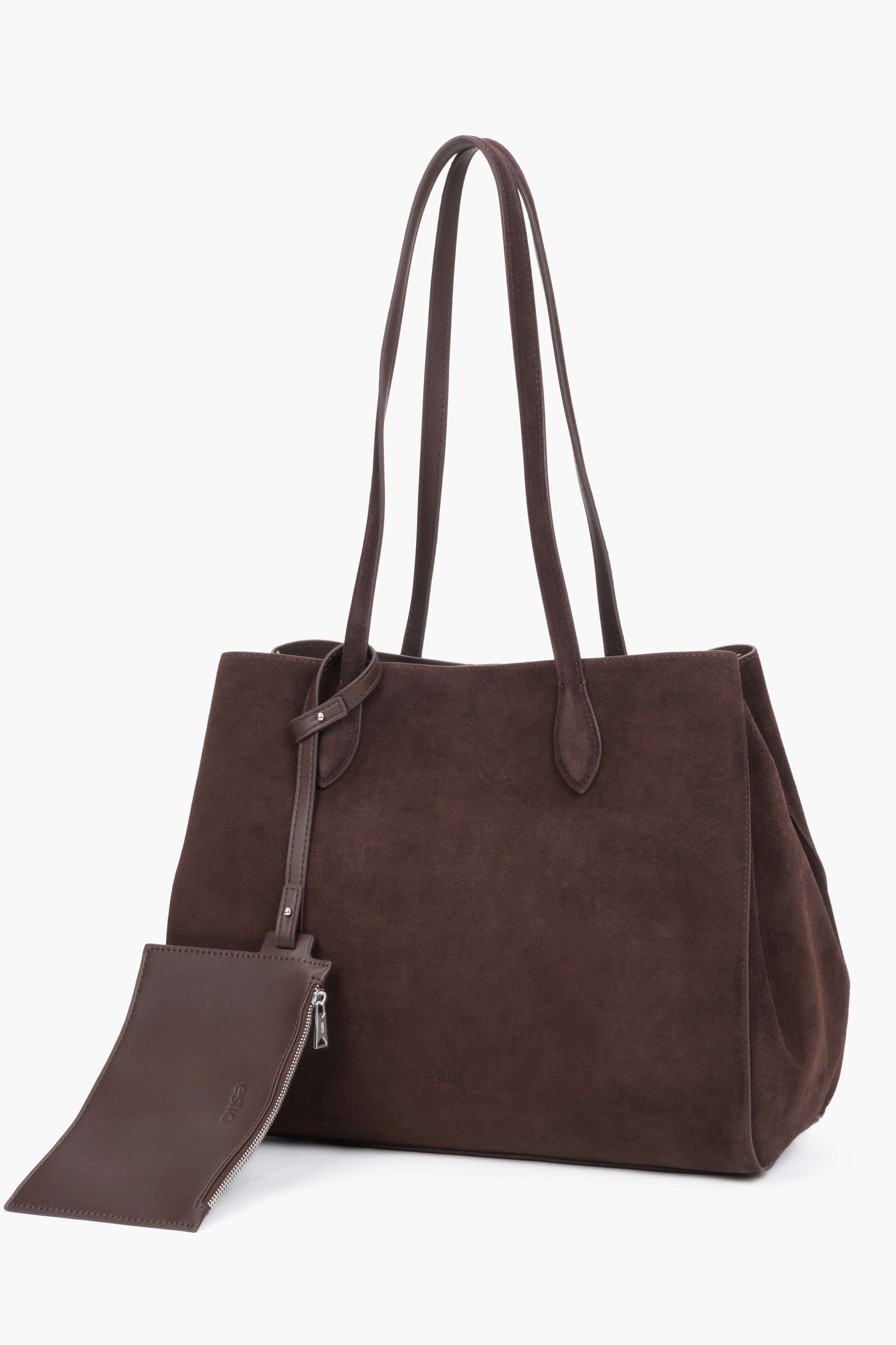 Seitenansicht der großen braunen Wildleder-Tote-Bag mit Henkeln
