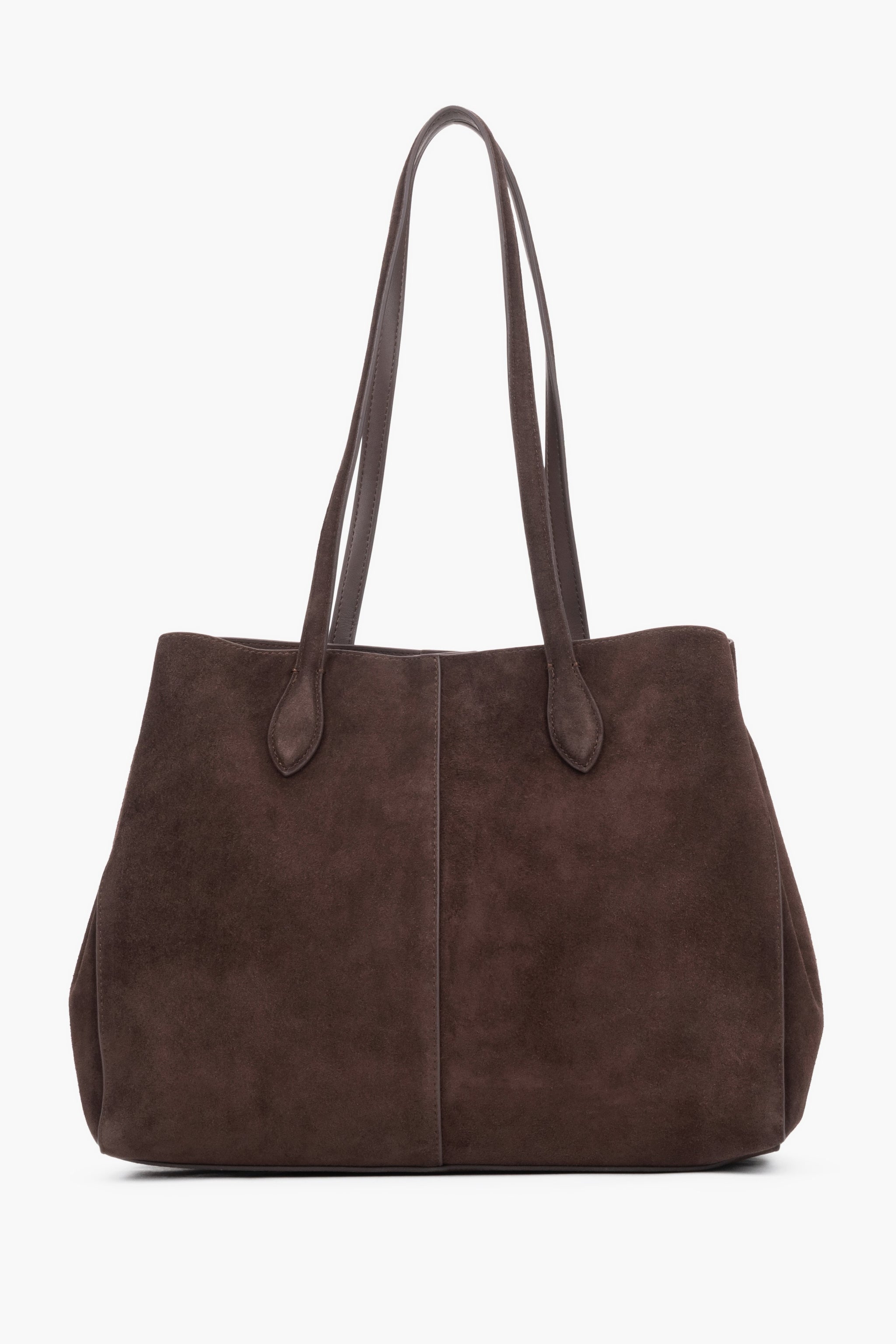 Braune Veloursleder-Shopper-Tasche schräg von vorne mit sichtbarer Innentasche
