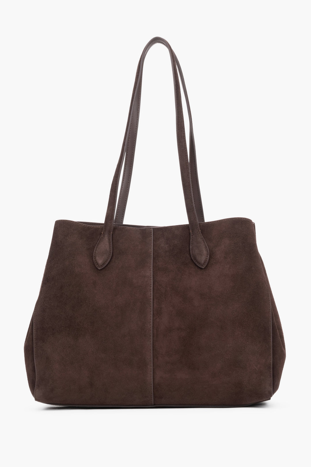 Braune Veloursleder-Shopper-Tasche schräg von vorne mit sichtbarer Innentasche