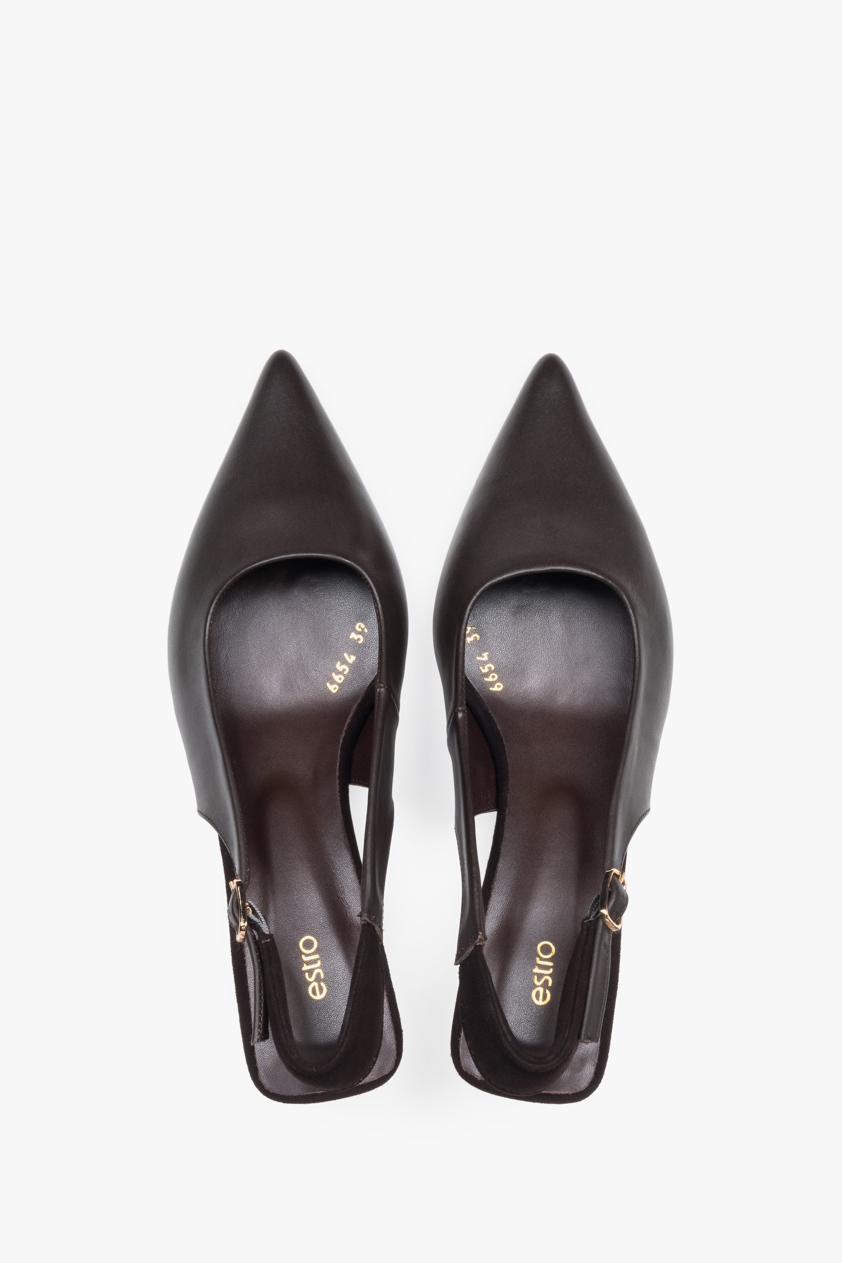 Dunkelbraune Damen-Slingback-Pumps aus Leder und Veloursleder von oben als Paar
