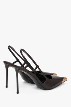 Dunkelbrauner Damen-Slingpumps aus Leder in seitlicher Ansicht mit Stilettoabsatz