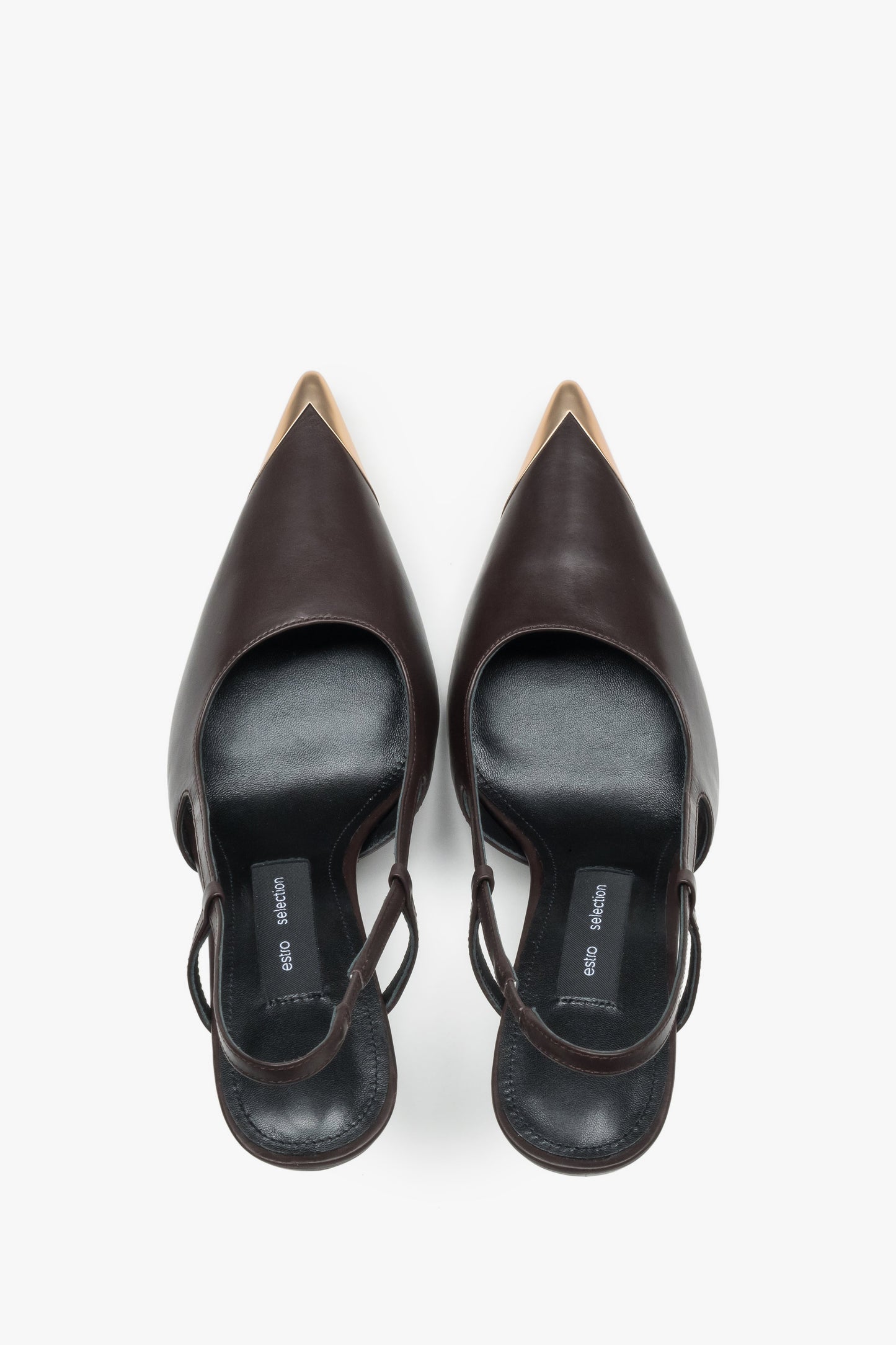 Dunkelbraune Damen-Slingpumps von oben als Paar mit Chevro-Lederdecksohle