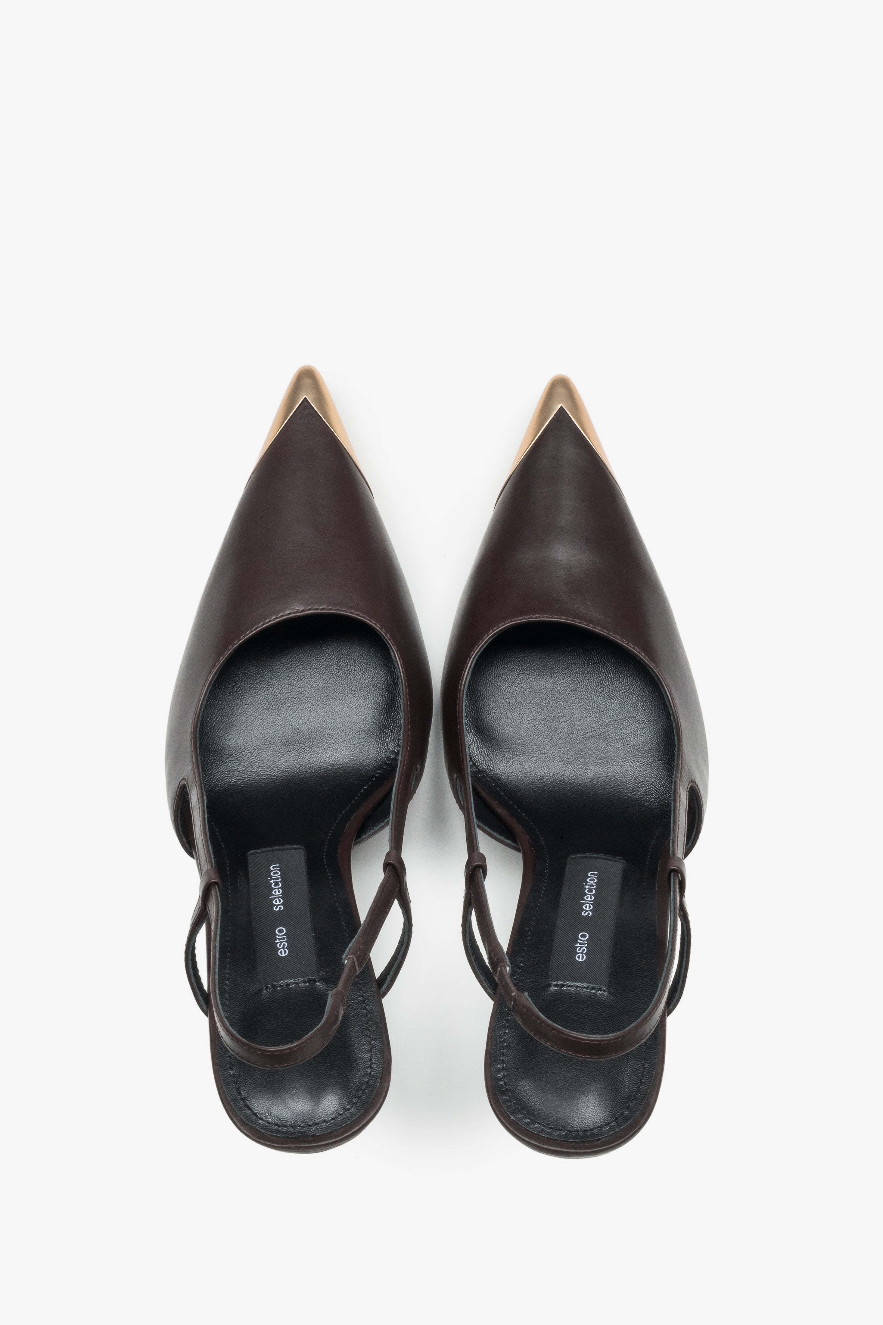 Dunkelbraune Damen-Slingpumps von oben als Paar mit Chevro-Lederdecksohle