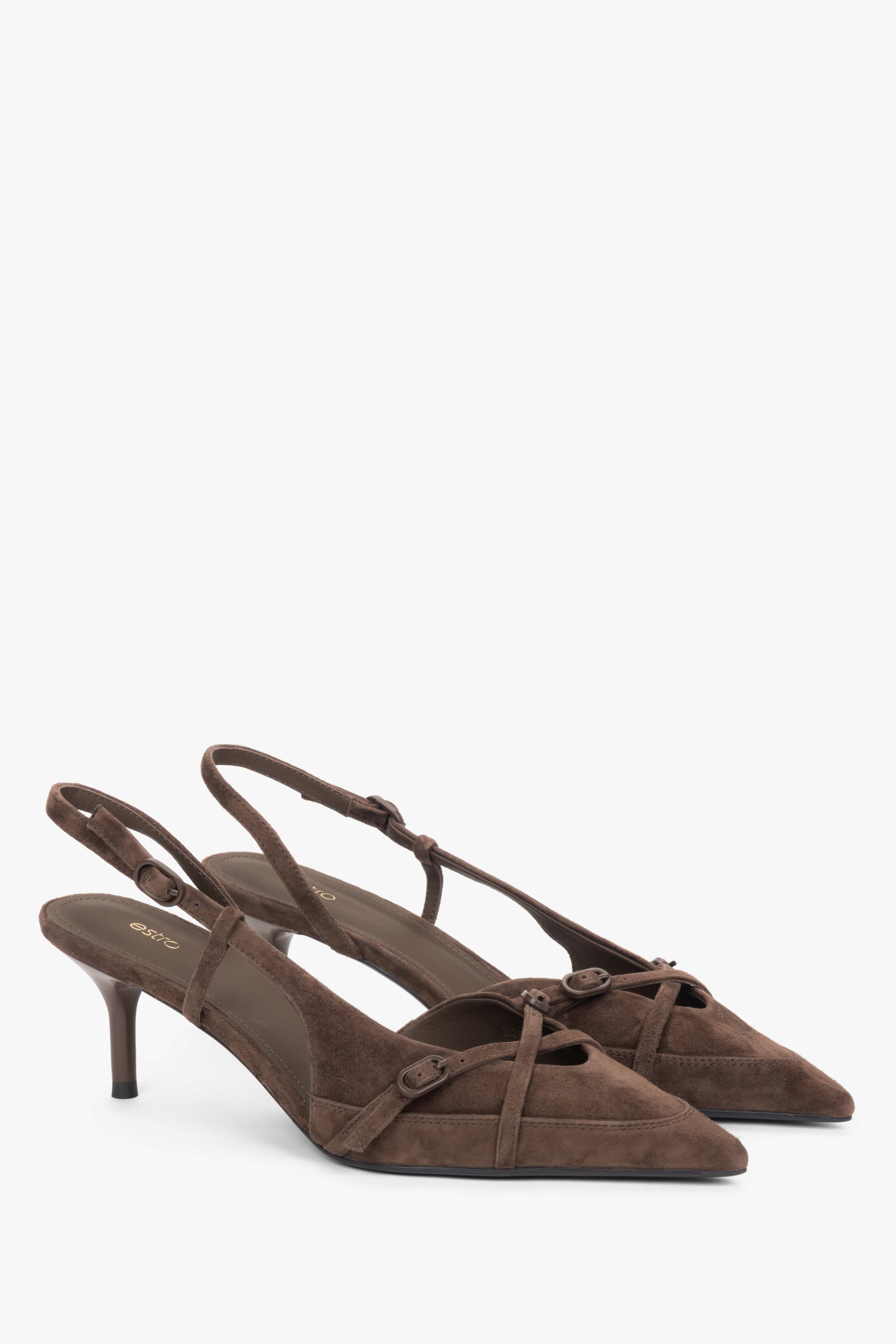 Dunkelbraune Damen-Slingpumps aus Velours als Paar in schräger Seitenansicht