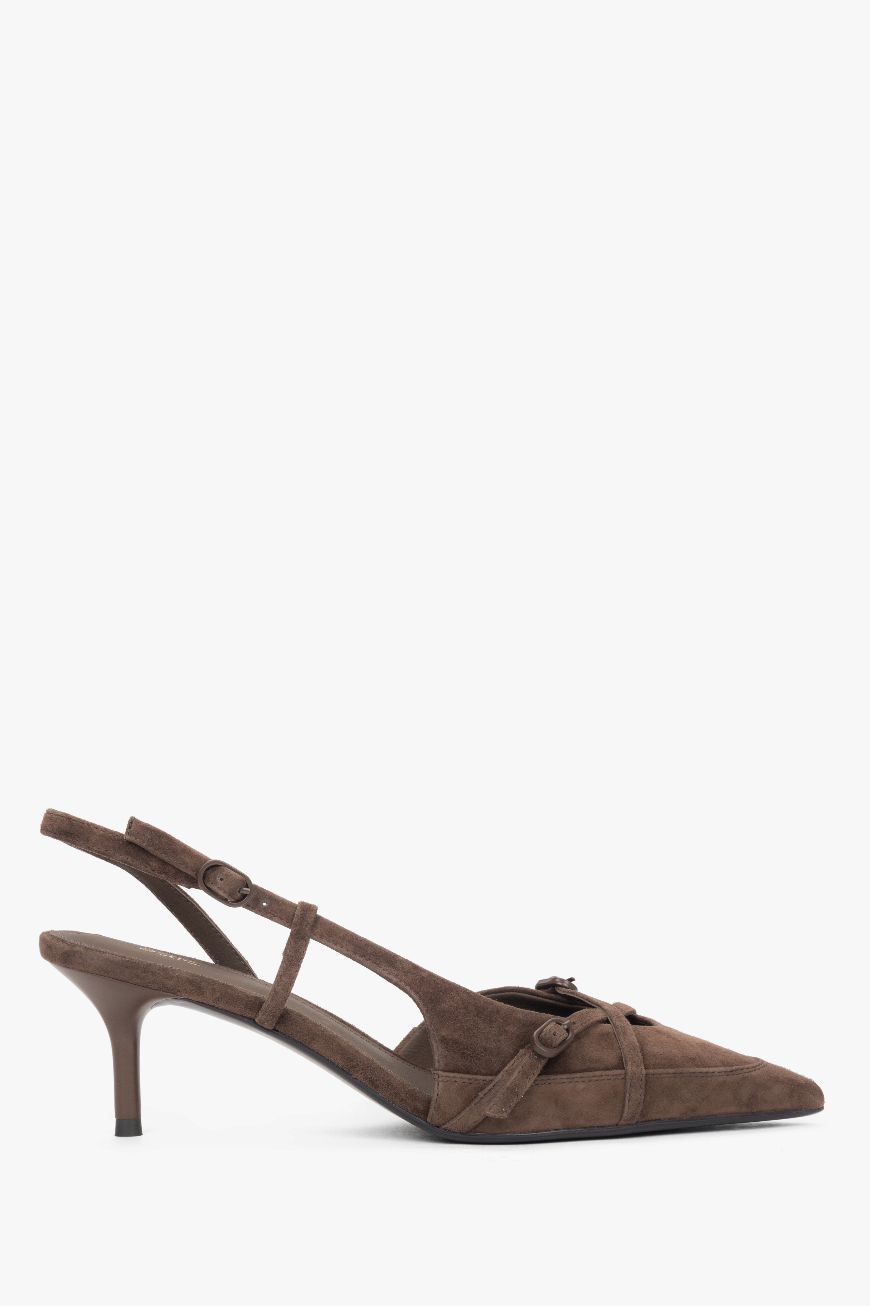 Dunkelbraune Damen-Slingpumps aus echtem Velours in seitlicher Ansicht mit niedrigem Stilettoabsatz