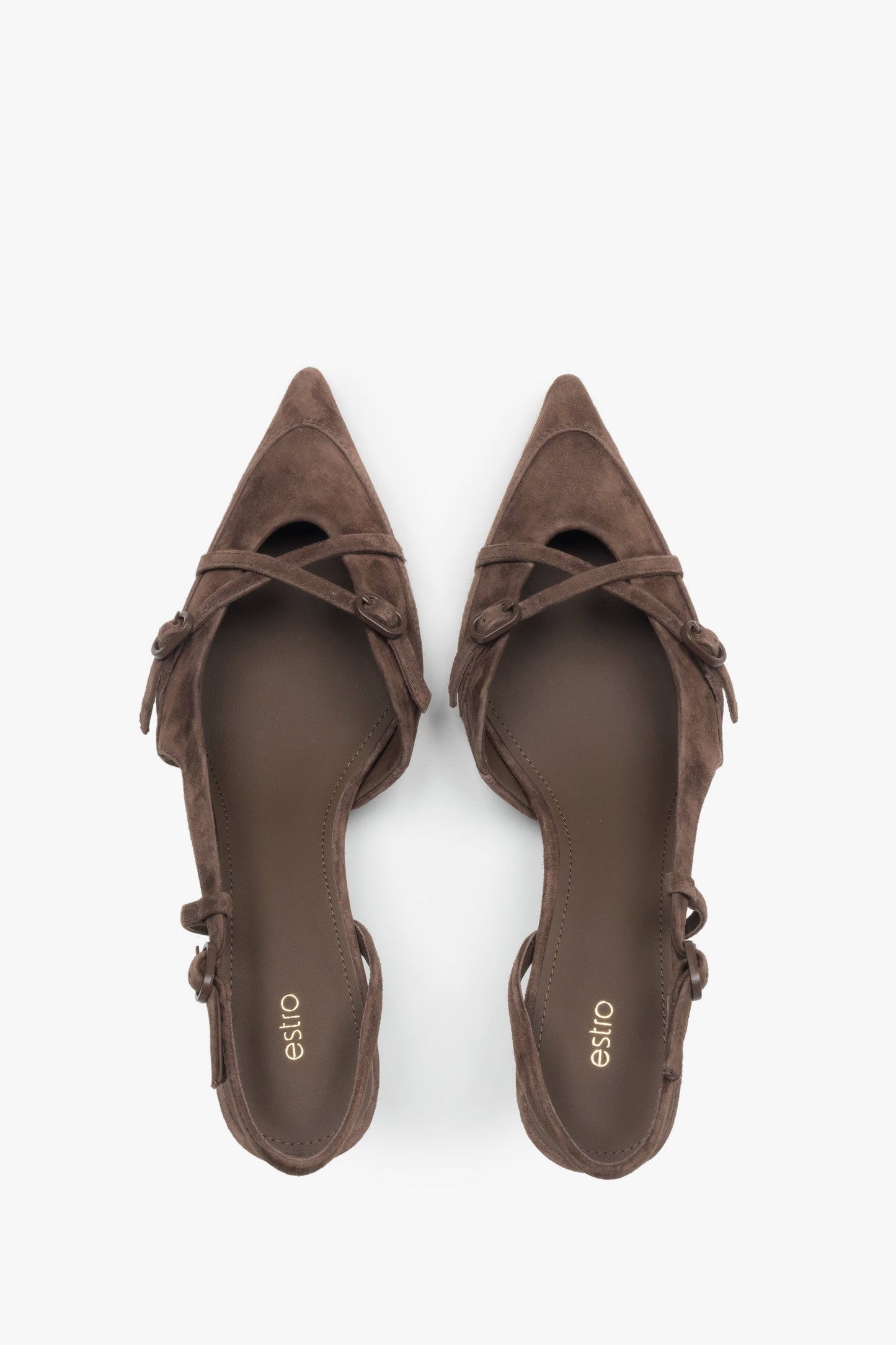 Dunkelbraune Damen-Slingpumps von oben mit Chevreau-Lederdecksohle