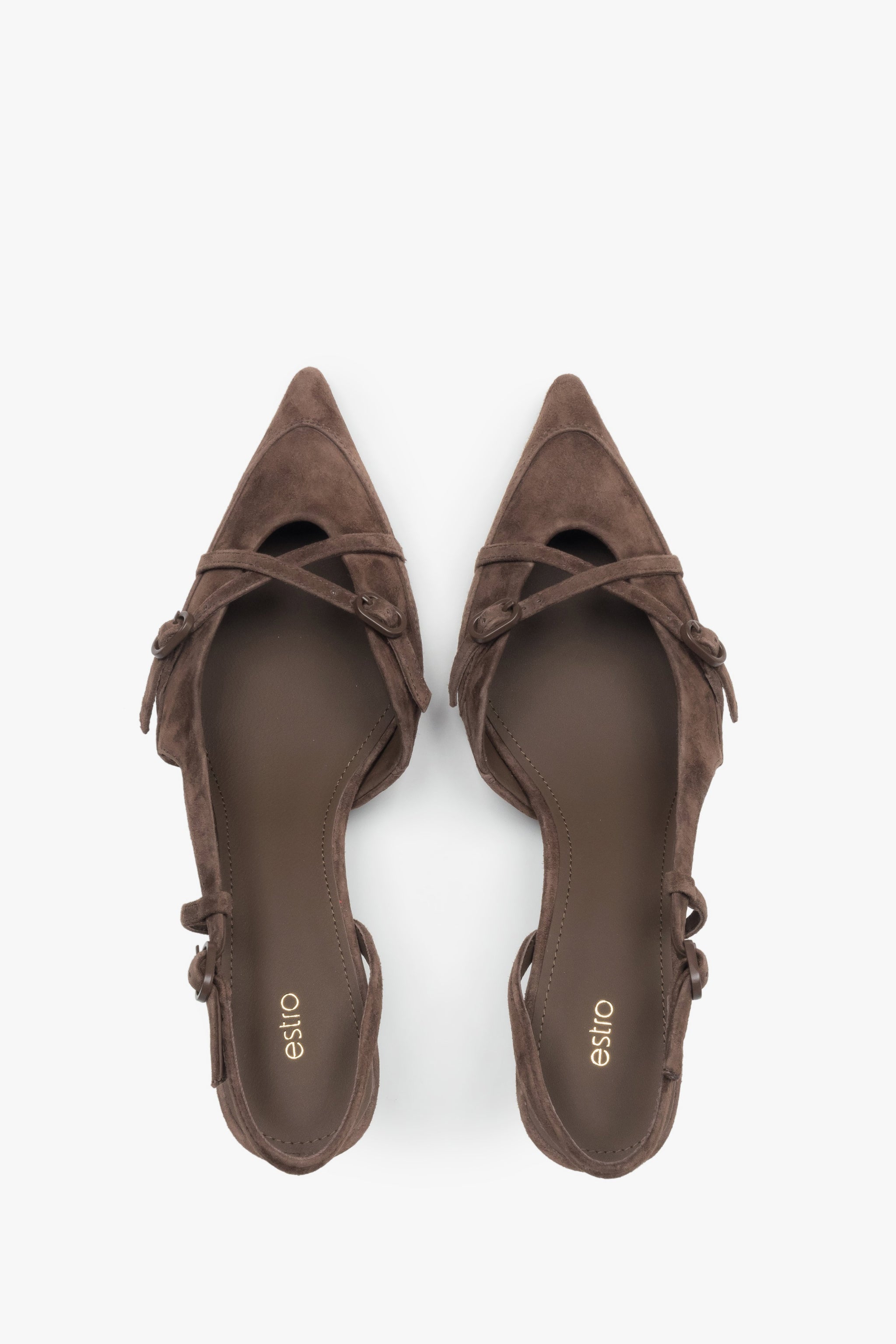 Dunkelbraune Damen-Slingpumps von oben mit Chevreau-Lederdecksohle