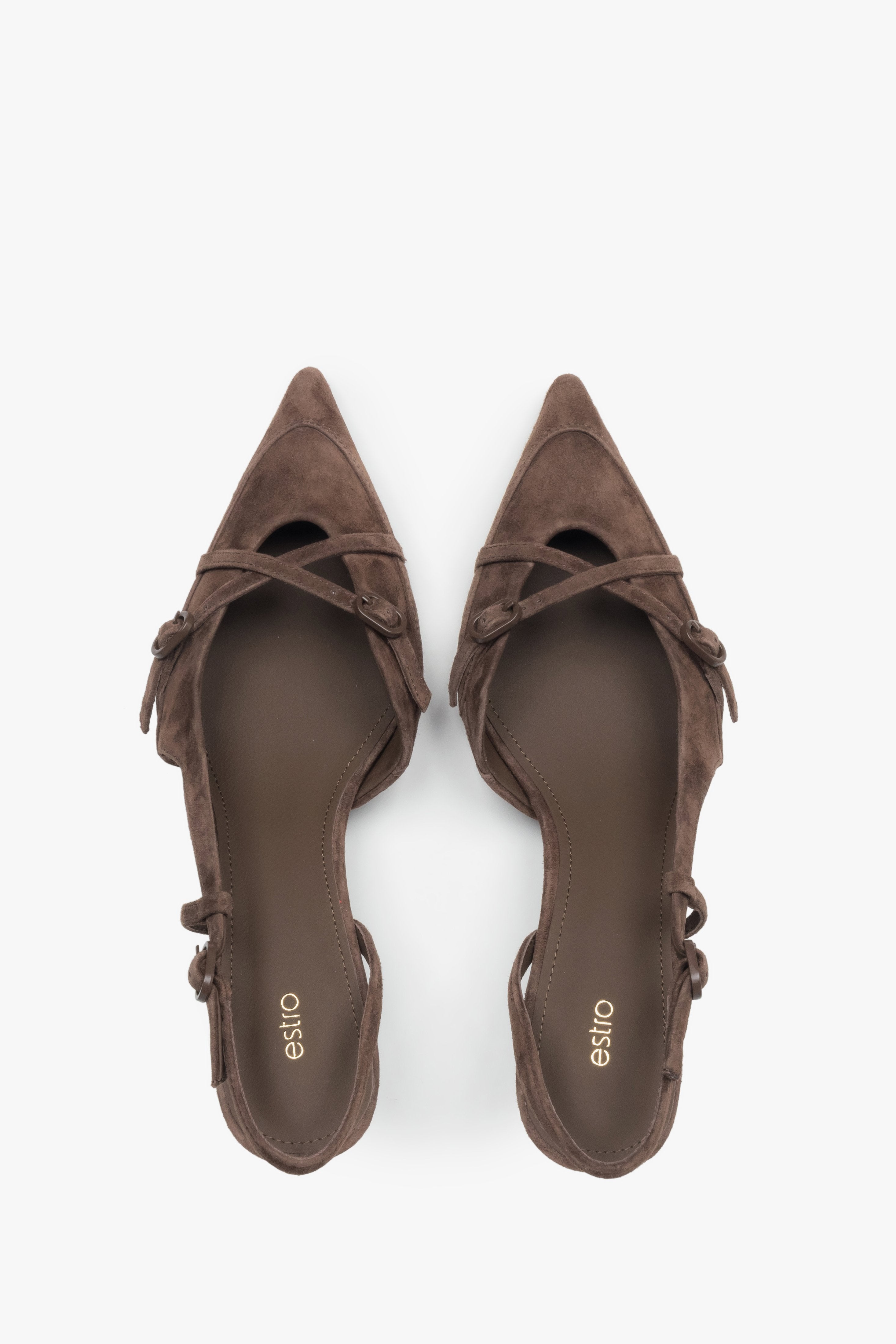 Dunkelbraune Damen-Slingpumps von oben mit Chevreau-Lederdecksohle