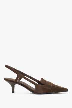 Dunkelbraune Damen-Slingpumps aus echtem Velours in seitlicher Ansicht mit Stilettoabsatz