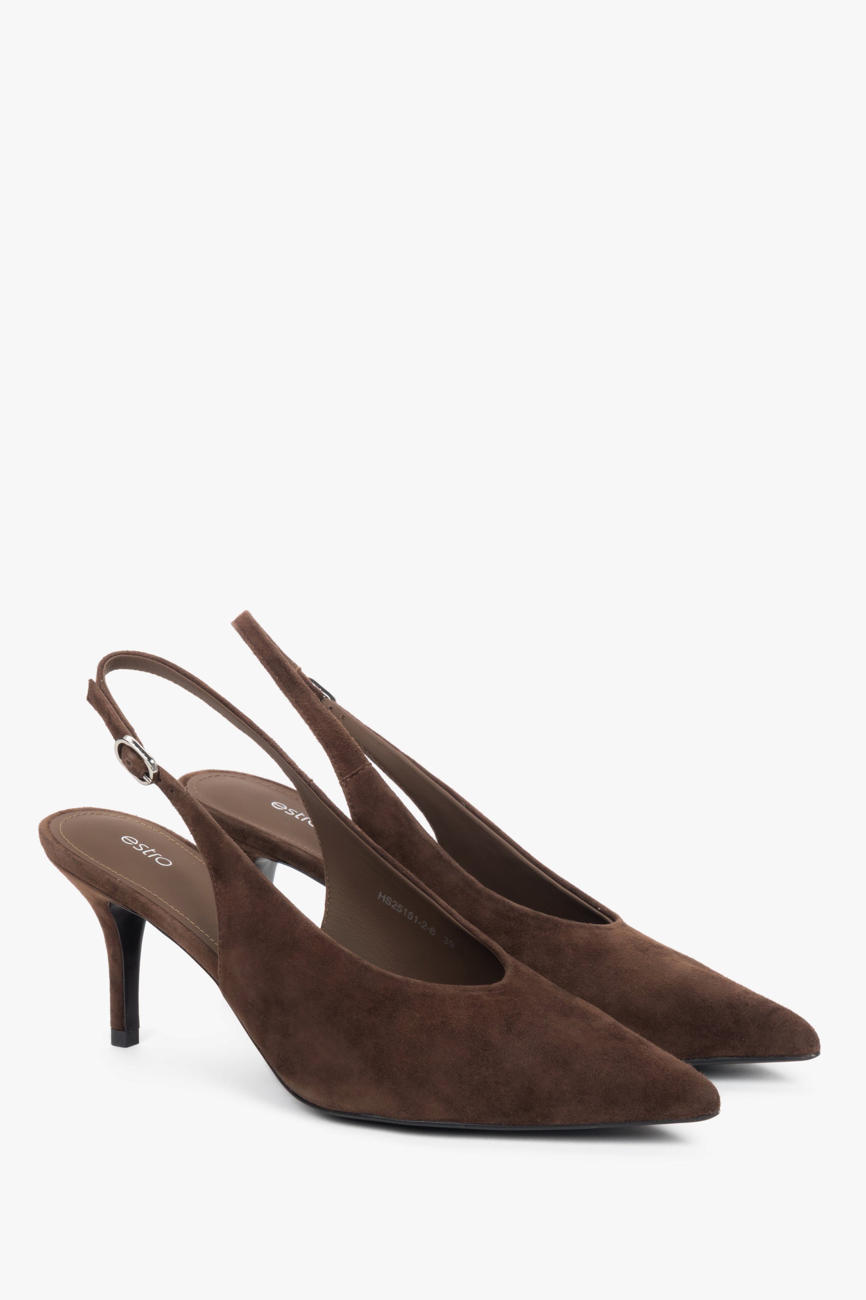 Dunkelbraune Damen-Slingpumps aus Velours als Paar in schräger Seitenansicht