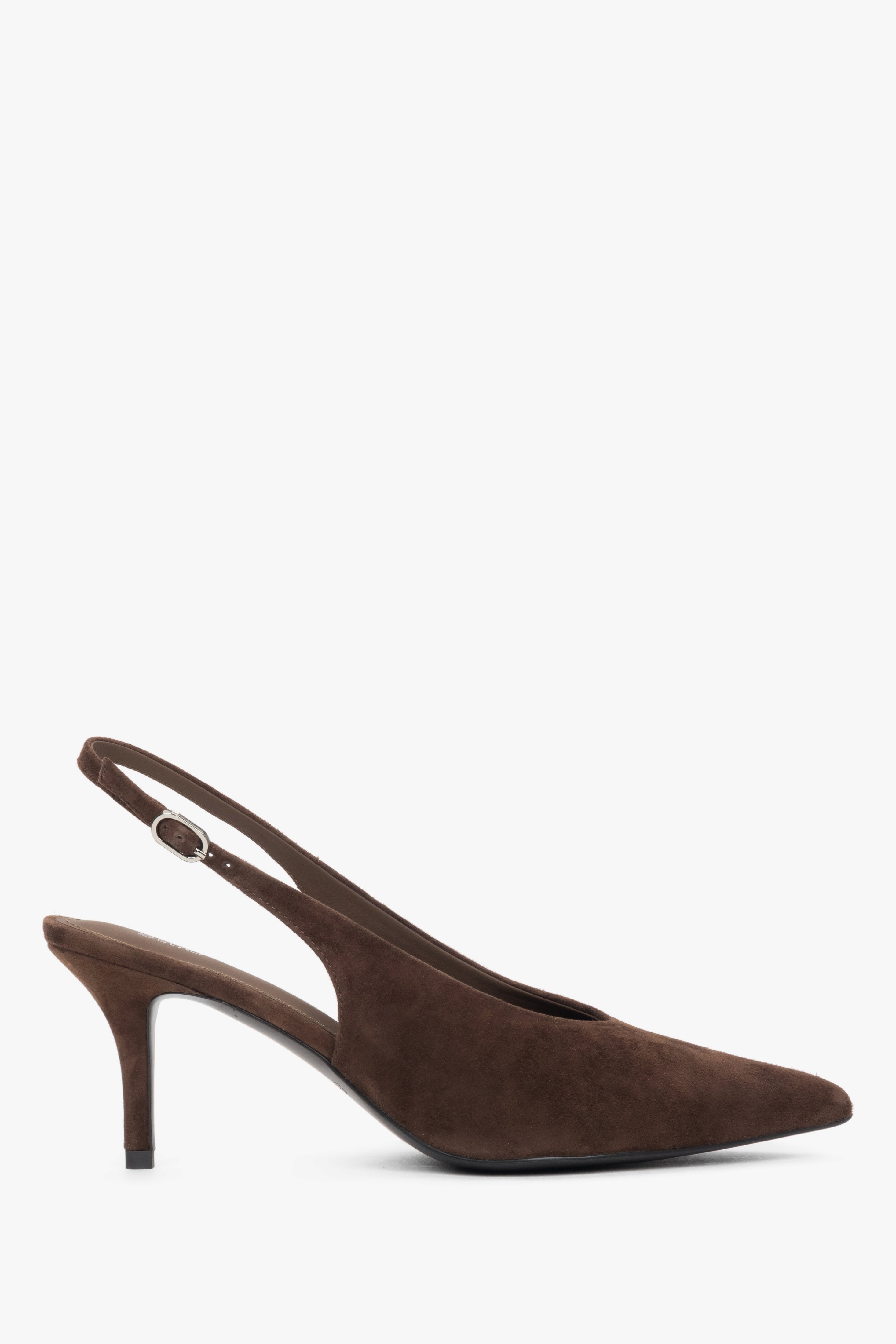 Dunkelbraune Damen-Slingpumps aus echtem Velours in seitlicher Ansicht mit Stilettoabsatz