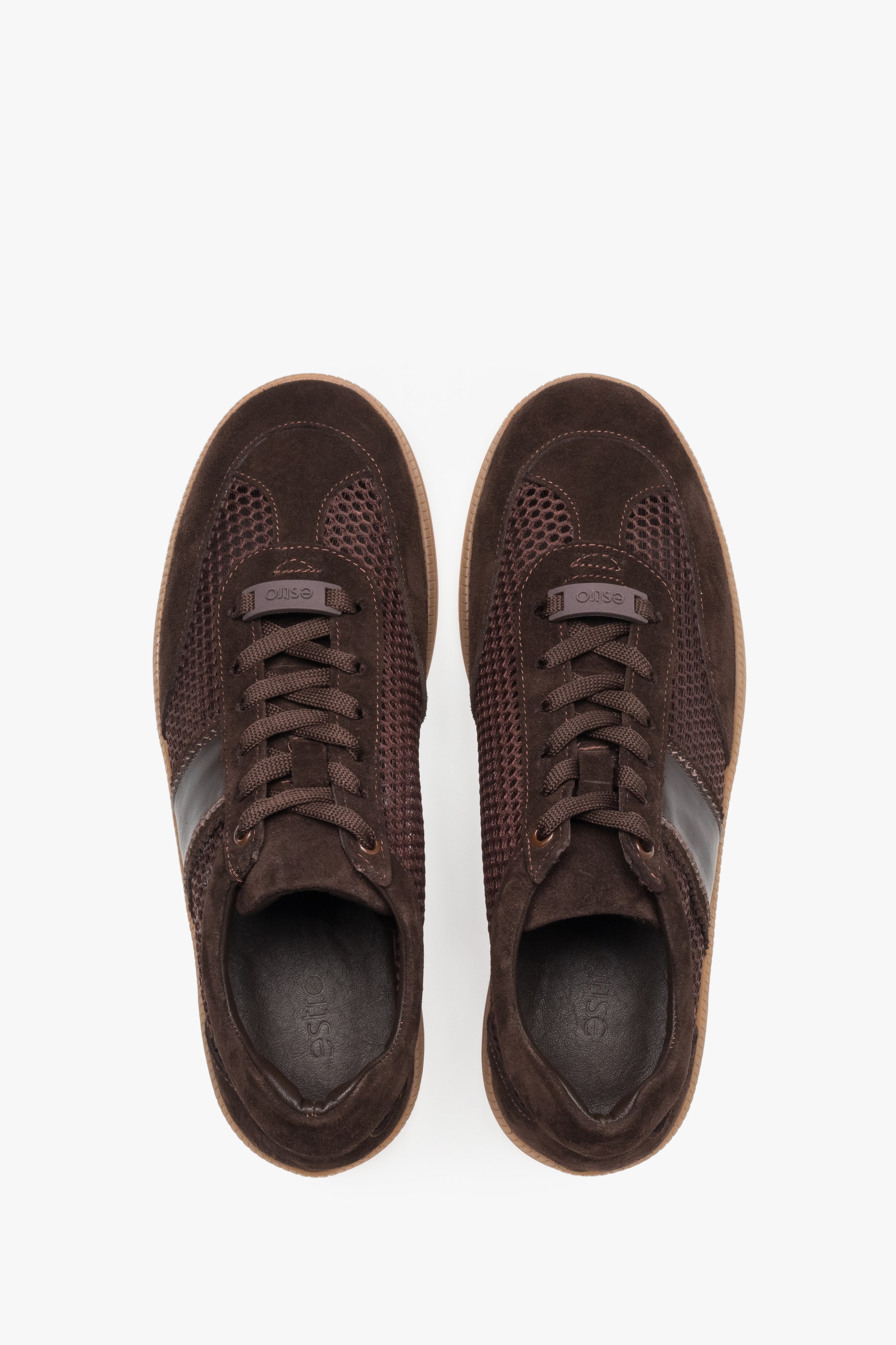 Dunkelbraune Damen-Sneaker aus Leder und Mesh als Paar in Draufsicht