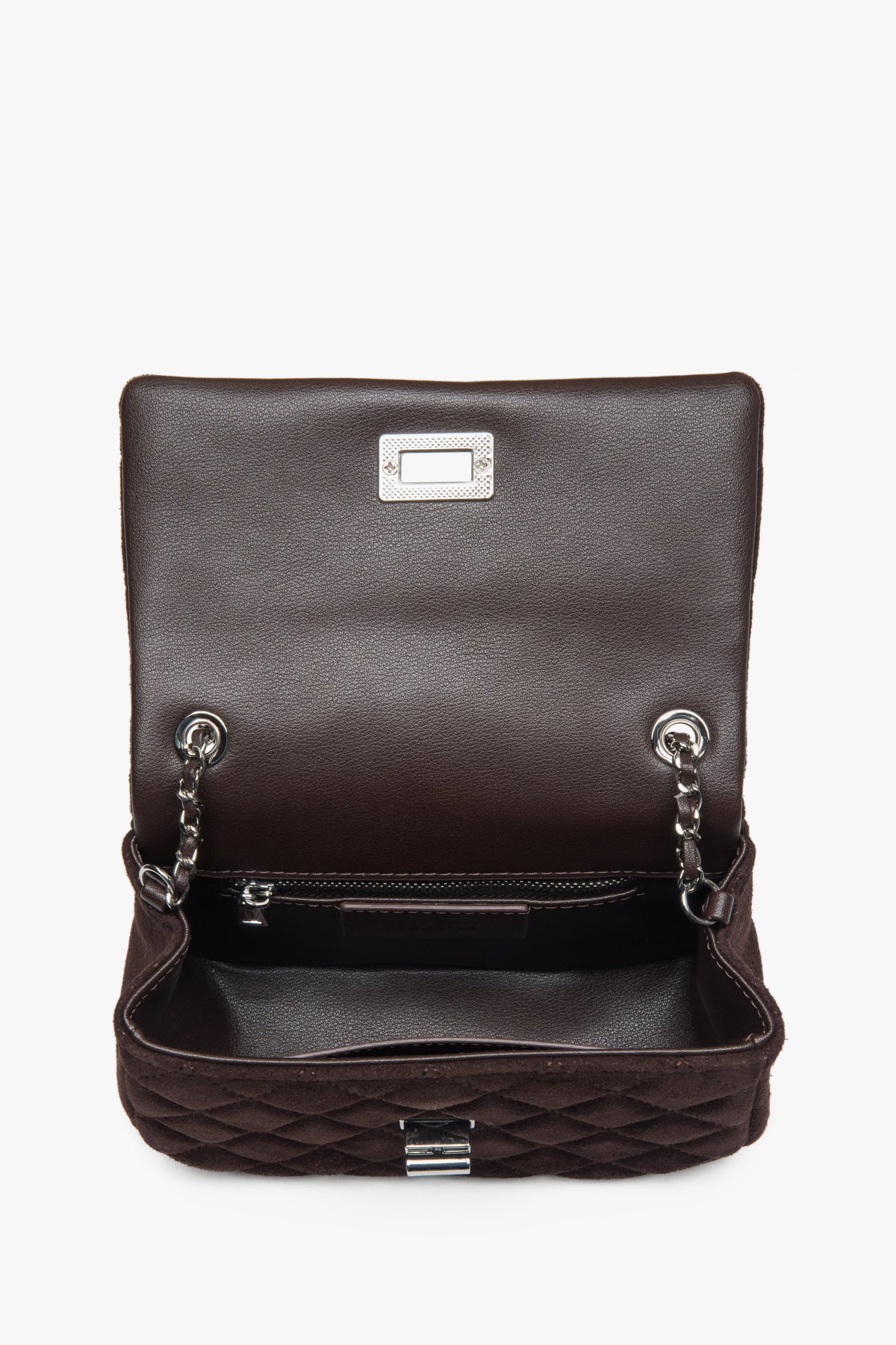 Blick in das geöffnete Innere der Tasche mit Leder- und Textilauskleidung sowie Steckfächern