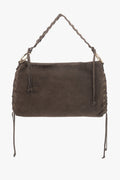 Ansicht der dunkelbraunen Boho-Handtasche aus Veloursleder mit geflochtenem Henkel