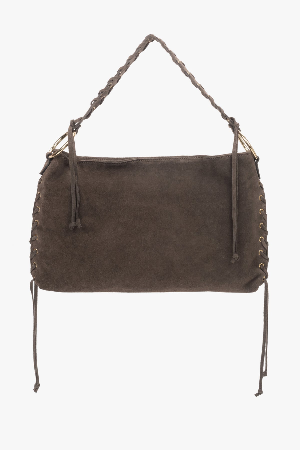 Ansicht der dunkelbraunen Boho-Handtasche aus Veloursleder mit geflochtenem Henkel