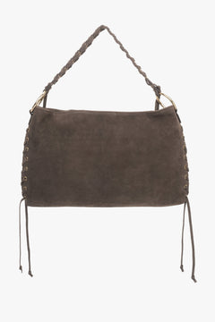 Frontale Ansicht der dunkelbraunen Ledertasche mit Fransenbändern