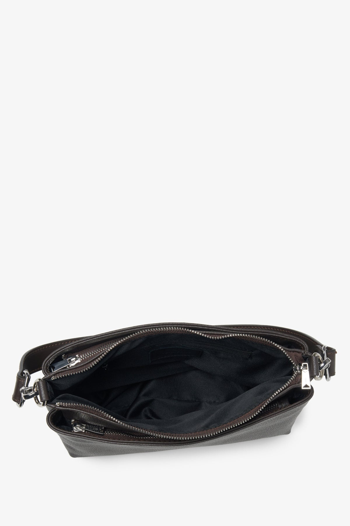 Umhängetasche für Damen in Dunkelbraun aus hochwertigem italienischem Leder von Estro – Ansicht von oben.