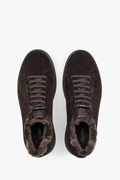 Draufsicht auf das Paar dunkelbrauner Herren-Sneaker zur Veranschaulichung des Warmfutters