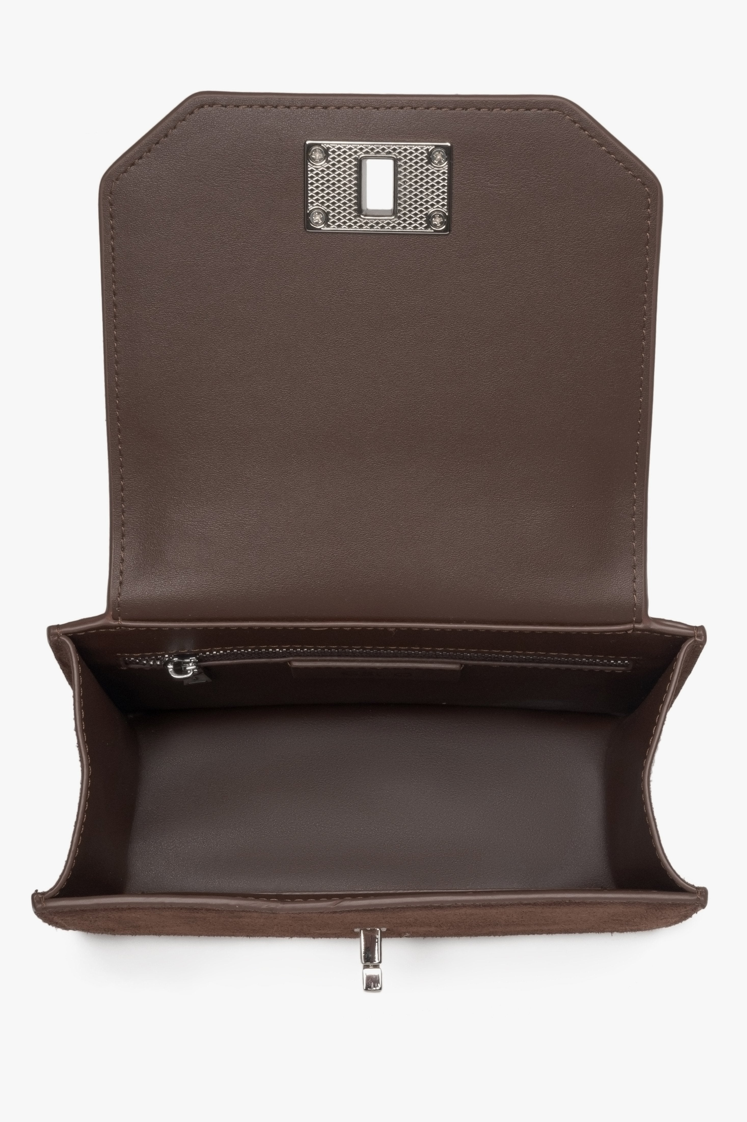 Innenansicht der kleinen Damen-Henkeltasche mit Echtlederfutter und zwei Taschen.
