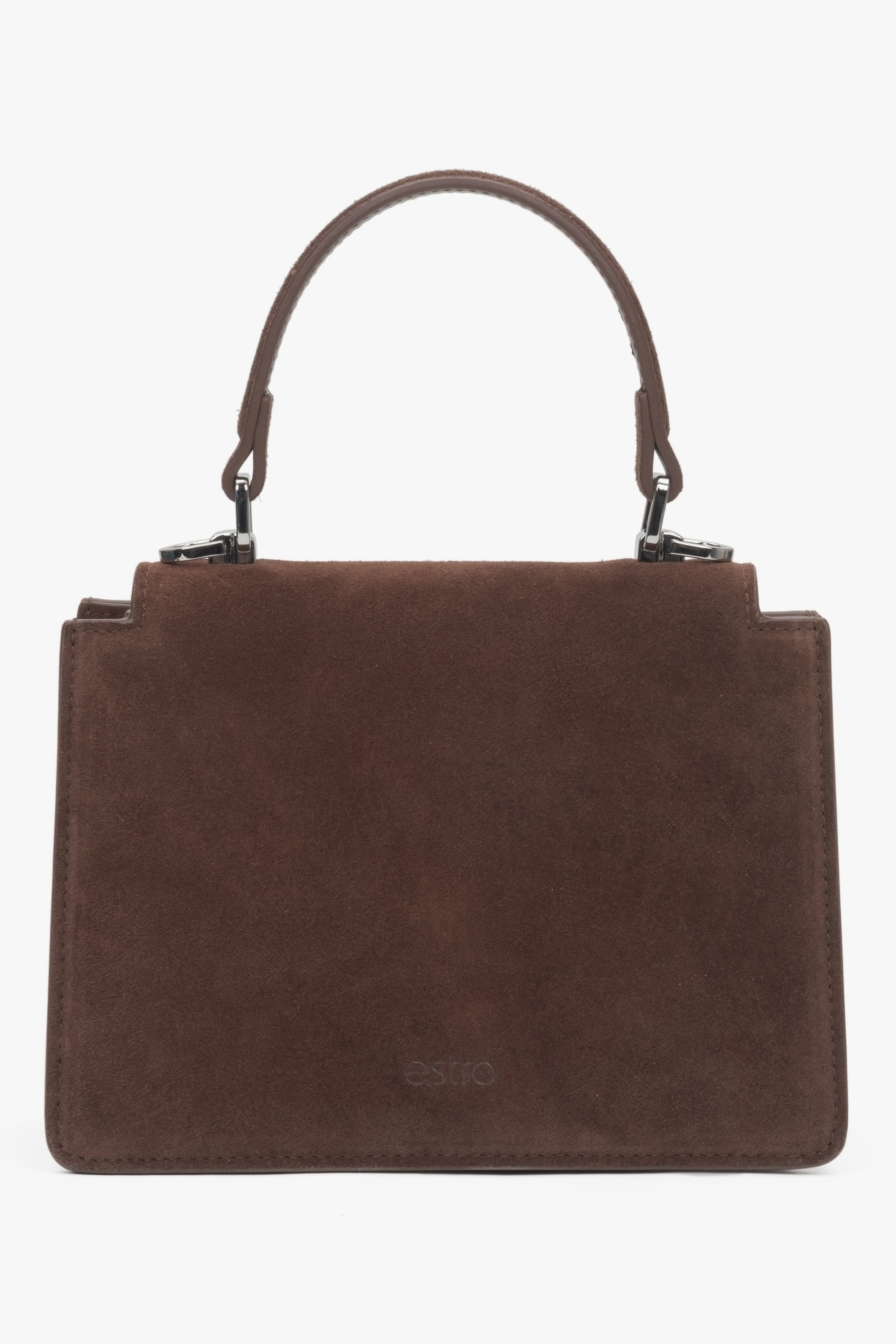 Rückansicht der dunkelbraunen Mini-Damen-Henkeltasche von Estro.