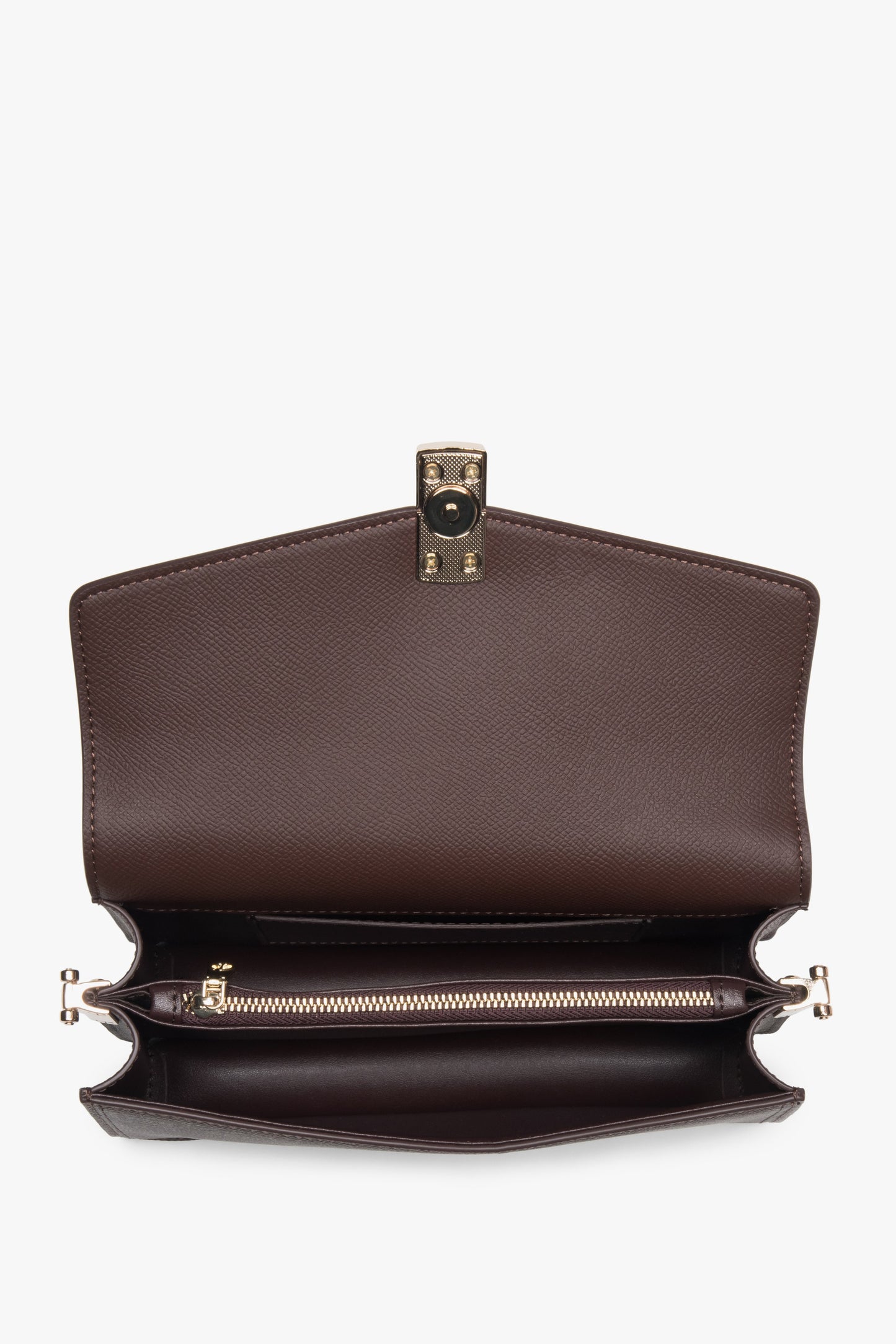 Dunkelbraune Estro Umhängetasche mit goldfarbenen Elementen i minimalistischem Design. 
